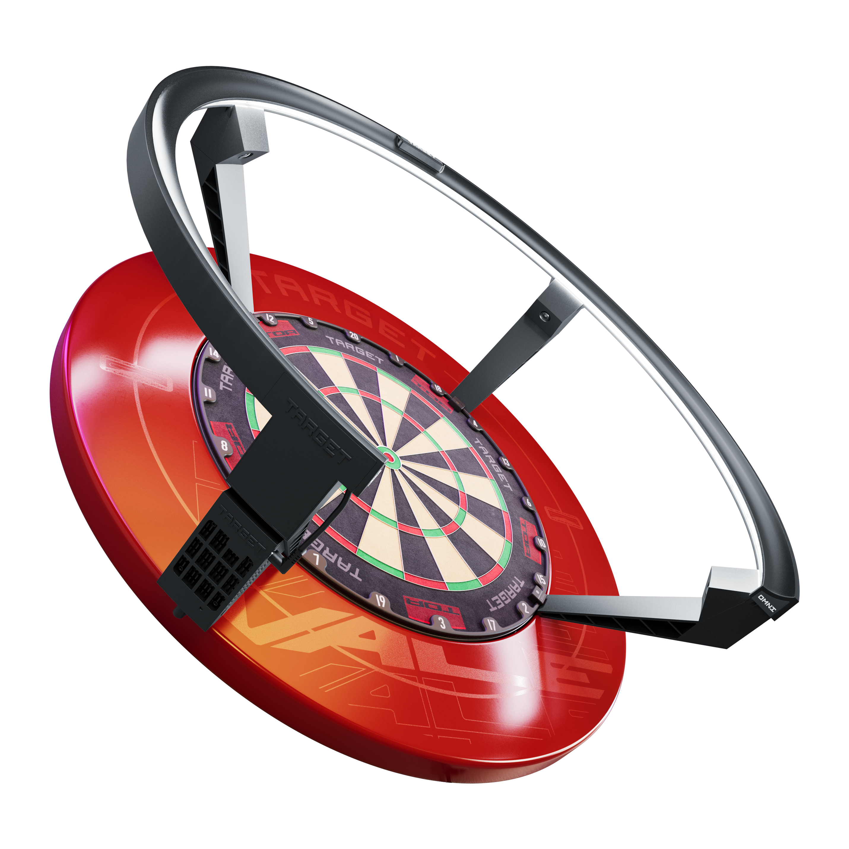 Sistema di punteggio automatico Target OMNI Das Bild zeigt das Produkt "Target OMNI Auto-Scoring-System", ein innovatives automatisches Punktesystem für Dartscheiben. Es besteht aus einem roten Sockel, einer Dartscheibe und einem großen schwarzen Ring, der über der Scheibe angebracht ist.