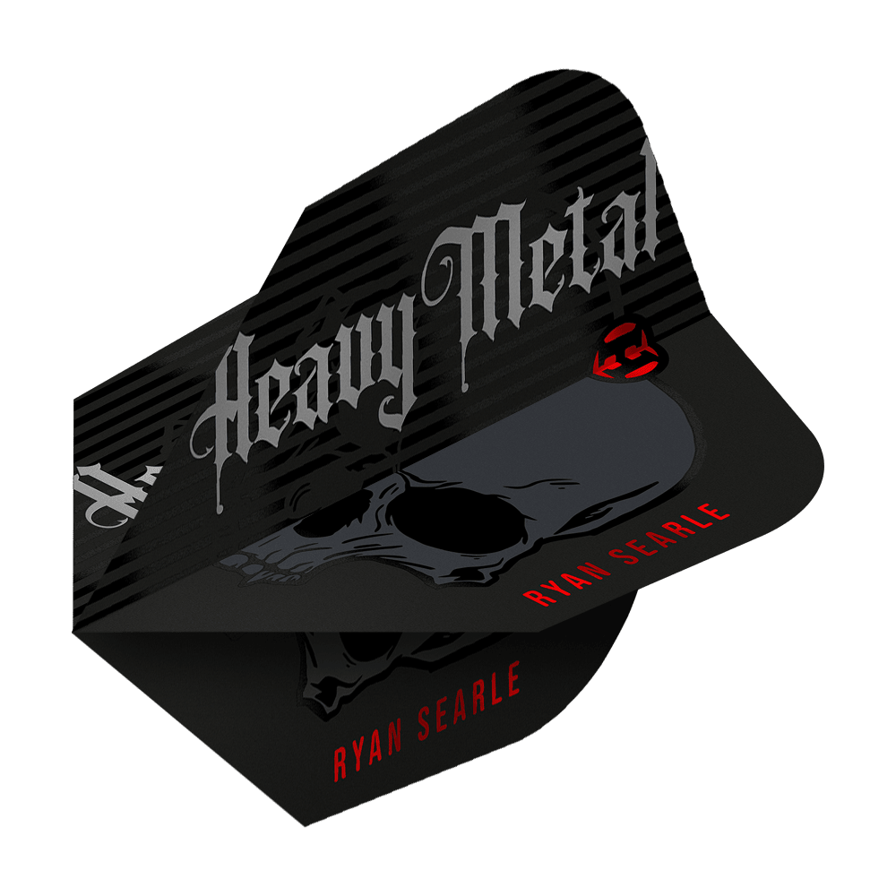 Serie Heavy Metal 2 di Ryan Searle di Harrow Das Bild zeigt ein Dart-Flight mit der Aufschrift "Heavy Metal" und einem Totenkopf-Design. Unten steht in roten Buchstaben der Name "Ryan Searle".