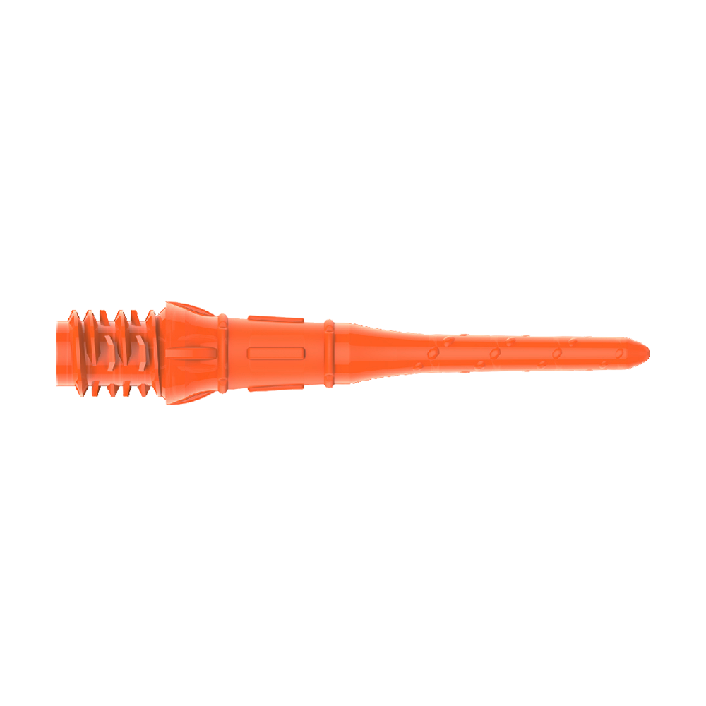 Das Bild zeigt eine orangefarbene Dartspitze aus Kunststoff. Sie hat ein Gewinde am einen Ende und ist am anderen Ende spitz zulaufend.