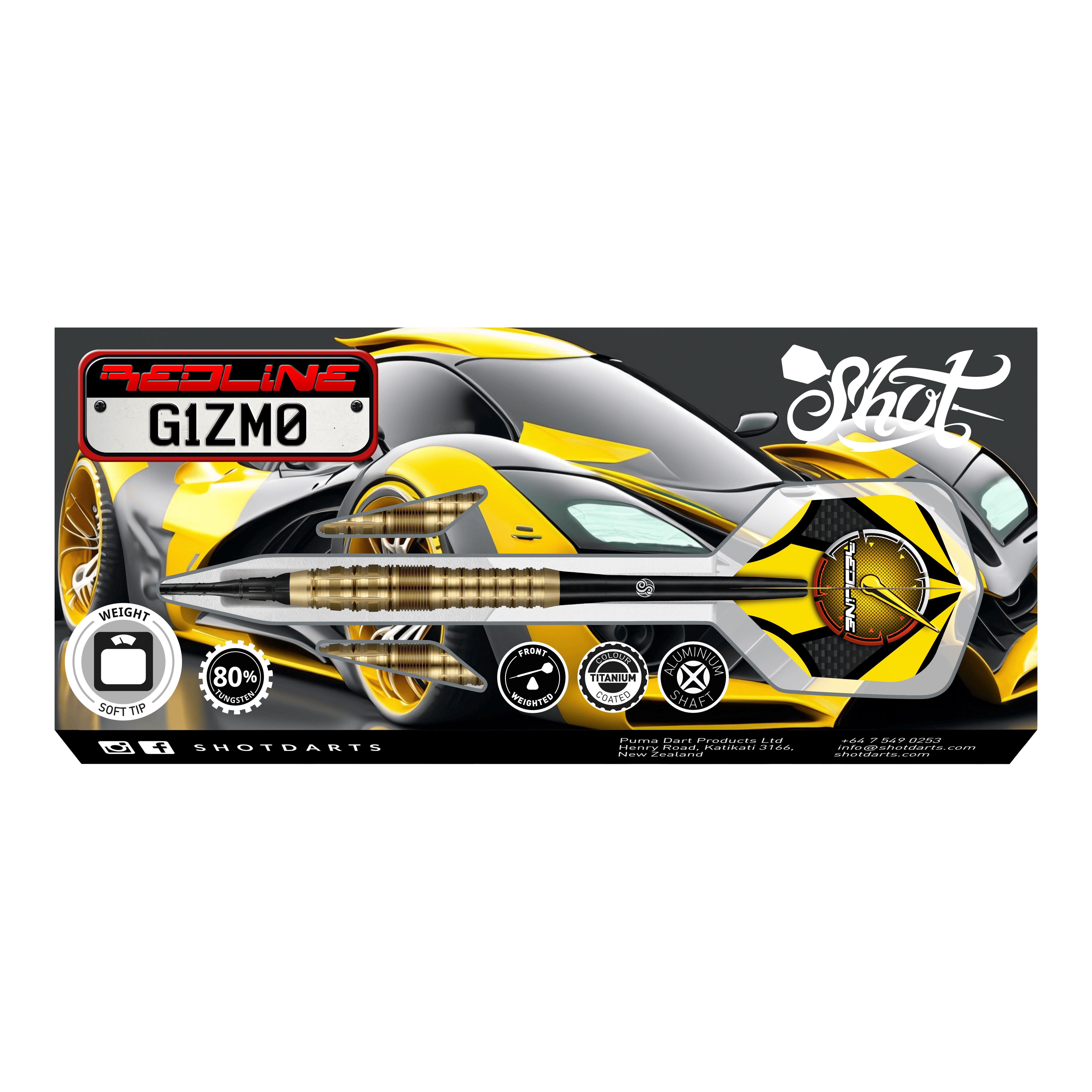 Freccette morbide Shot Redline Gizmo - 20 g Auf dem Bild ist das Produkt "Shot Redline Gizmo Softdarts - 20g" abgebildet. Im Hintergrund ist ein sportliches, gelb-schwarzes Auto zu sehen, das das dynamische Design der Softdarts unterstreicht.