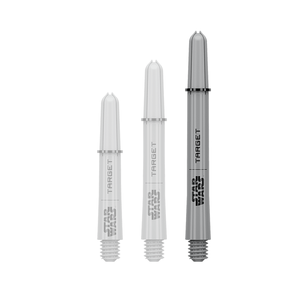 Aste Target Star Wars ProGrip - Grigio Das Bild zeigt ein Dart-Zubehör mit dem Dateinamen 380432_Target_StarWars_ProGrip_Shafts_Grau_Medium_48mm_1. Es handelt sich wahrscheinlich um einen einzelnen grauen Medium ProGrip Shaft von Star Wars mit 48mm Länge.