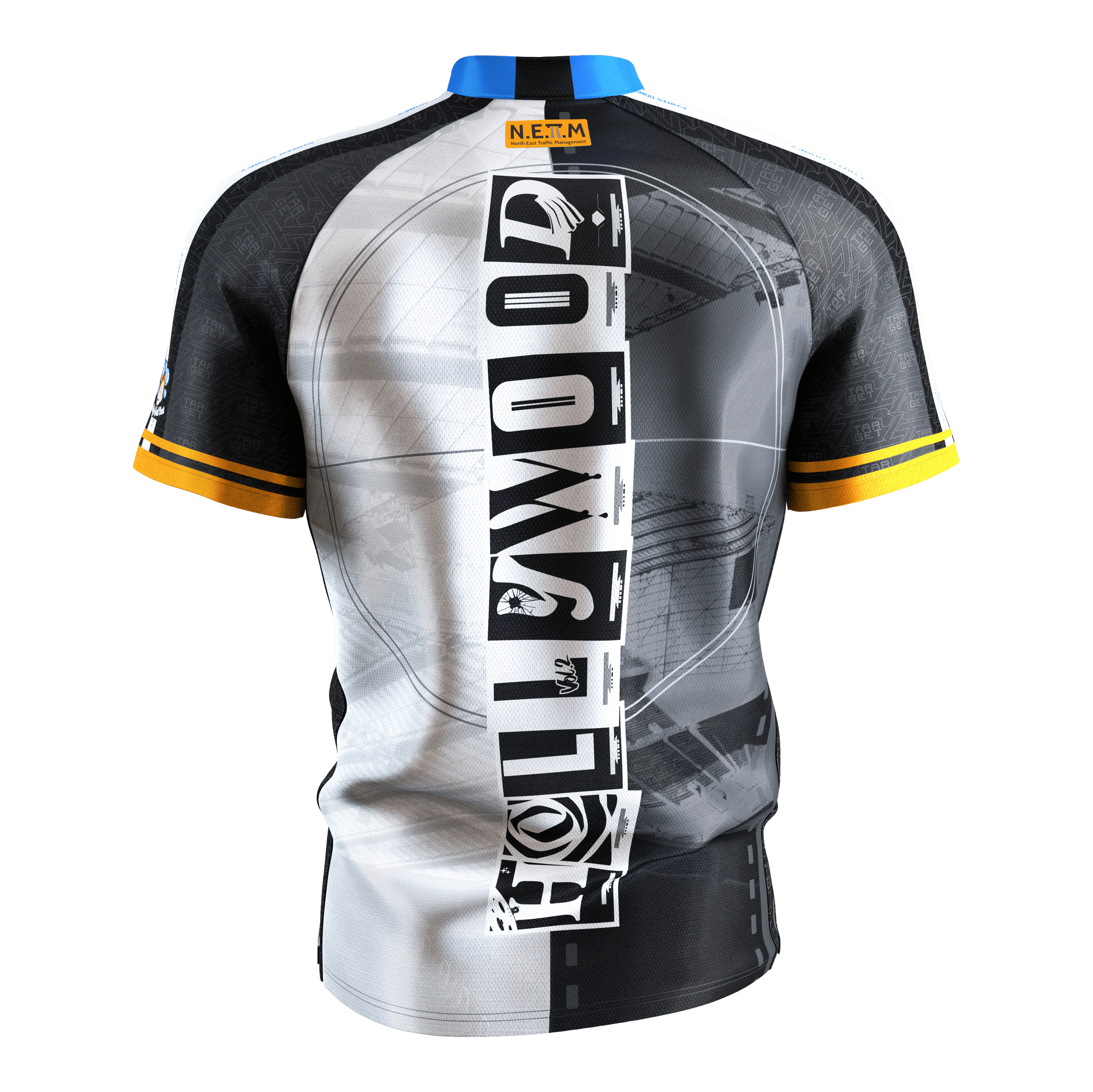 Maglietta da freccette Target Coolplay Chris Dobey 2025 Das Bild zeigt das Dartshirt "Target Coolplay Chris Dobey 2025" von hinten. Das Shirt hat ein auffälliges schwarz-weißes Design mit gelben Streifen an den Ärmeln und einem senkrechten Schriftzug in der Mitte.