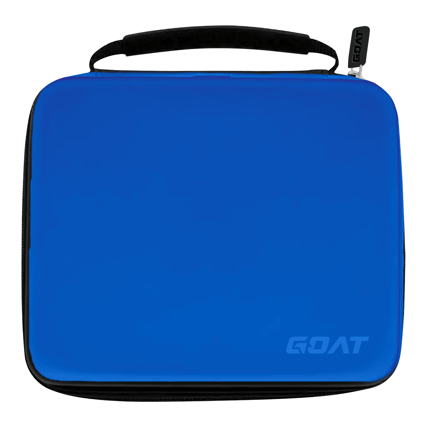 Portafoglio per freccette GOAT Locker XXL Dies ist ein rechteckiges Dart-Etui in leuchtendem Blau mit schwarzem Reißverschluss und Tragegriff. In der unteren rechten Ecke befindet sich das Logo "GOAT".
