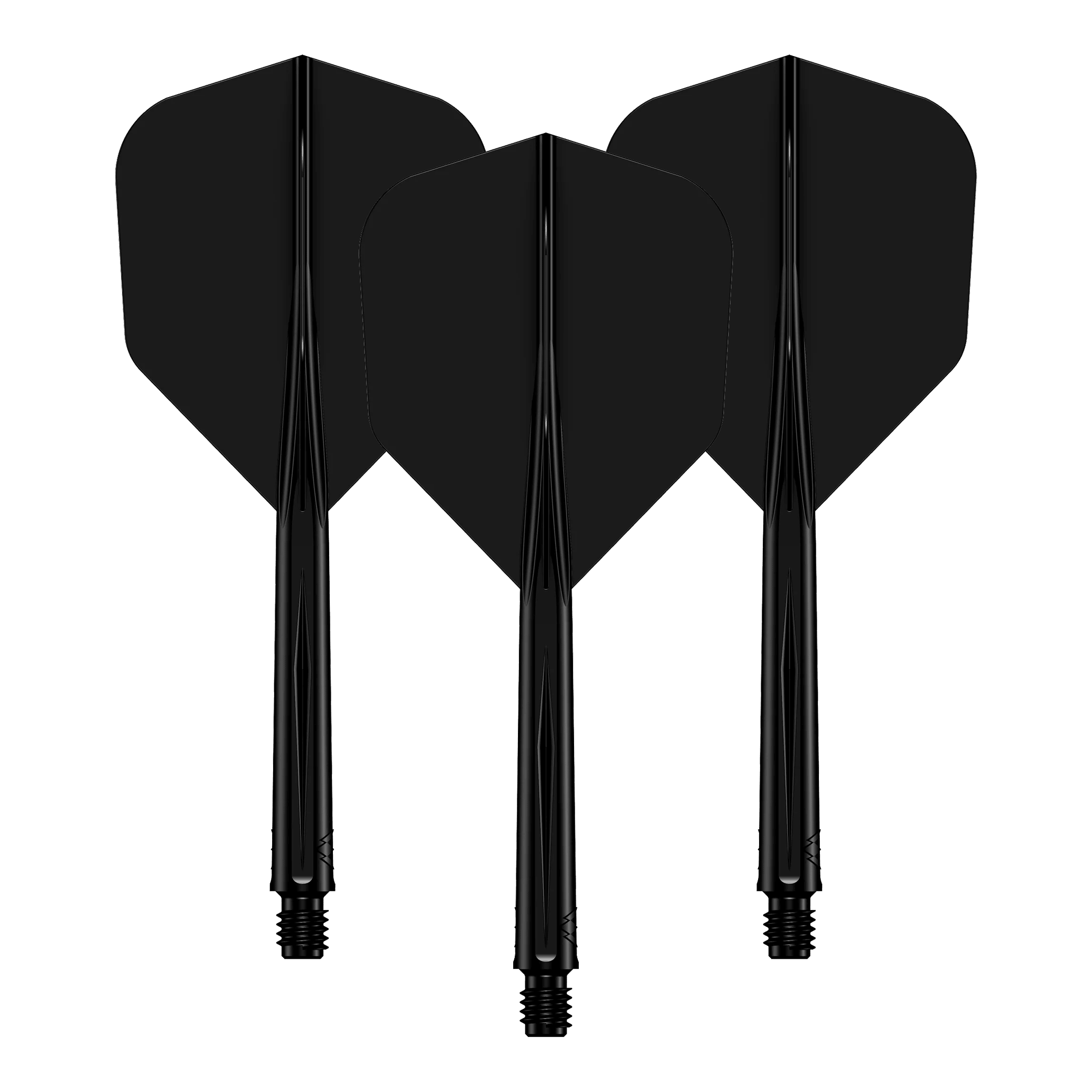 Sistema di alberi di volo Mission Force 90 No6 - Nero Auf dem Bild sind drei schwarze Dartflights mit passenden Shafts zu sehen. Sie stehen nebeneinander und sind identisch gestaltet.