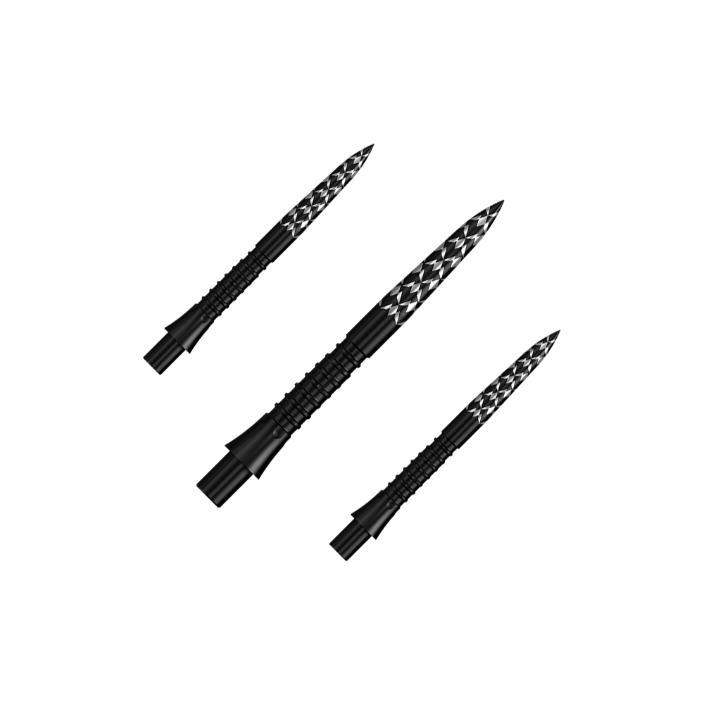Punte per freccette Mission Caliburn EVO con logo GV - Nero Das Bild zeigt ein Set schwarzer Steeldartspitzen mit GV-Logo, 26 mm lang. Diese Spitzen sind speziell für Dartpfeile entwickelt worden.