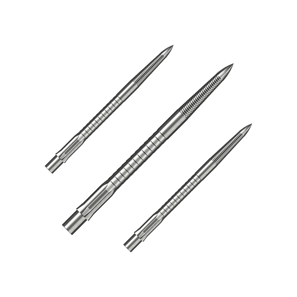 Punte per freccette in acciaio Caliburn System - Impugnatura micro - Argento Das Bild zeigt ein Set von Steeldartspitzen mit Micro Grip, Silber, 36mm. Die Spitzen sind nebeneinander auf weißem Hintergrund angeordnet.