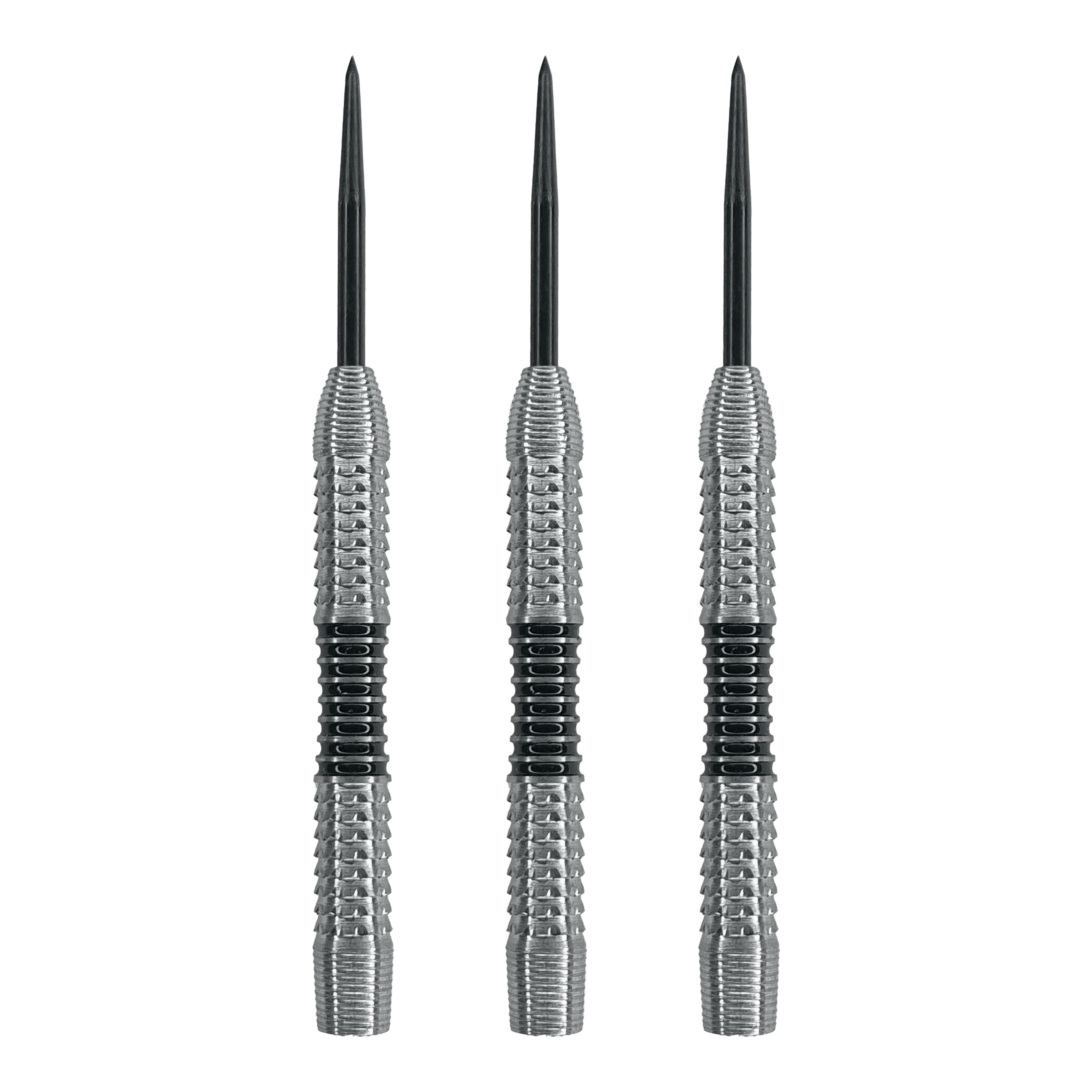 McDart Black Stripe 2 freccette in acciaio - 22 g Das Bild zeigt drei Steeldart-Barrels mit silberner Oberfläche und schwarzen Ringen in der Mitte. Es handelt sich um das Produkt "McDart Black Stripe 2 Steeldart-Barrels - 22g".