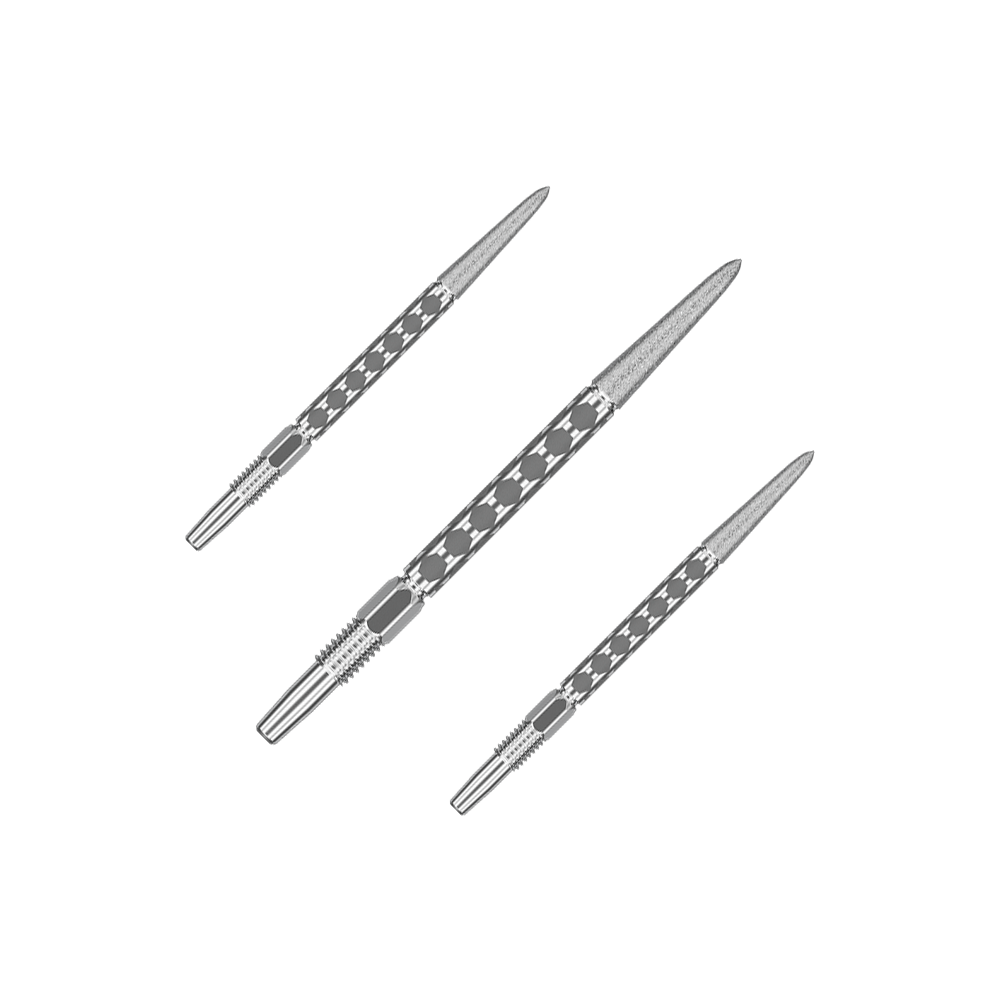 Punte per freccette Target Swiss FLT Point - Argento Ein Set mit mehreren kurzen silbernen Dartspitzen ist nebeneinander angeordnet. Die Spitzen laufen parallel.