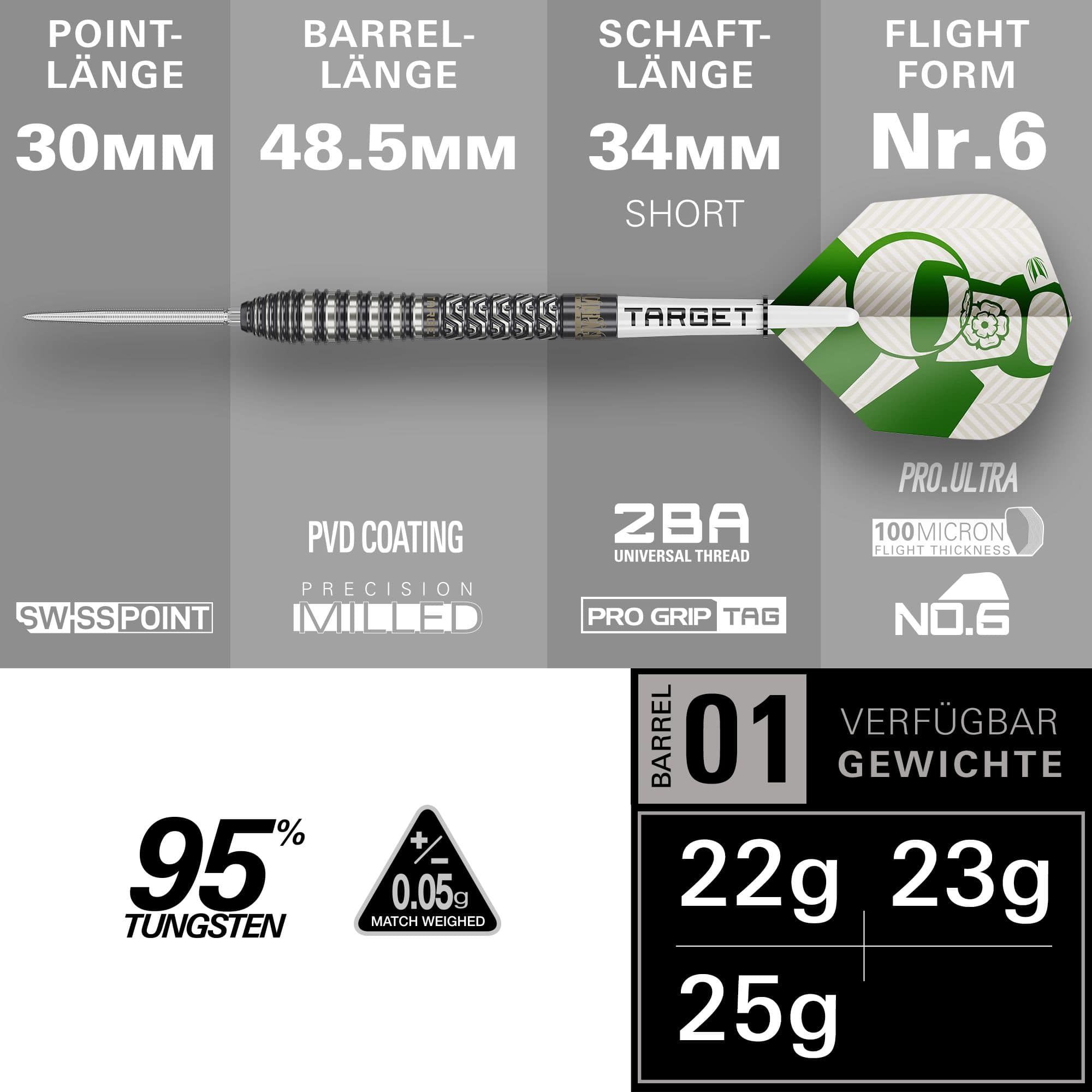 Freccette in acciaio Target Charlie Manby Swiss Points Hier sind die Target Charlie Manby Swiss Points Steeldarts dargestellt. Das Design ist modern und bietet eine gute Griffigkeit.