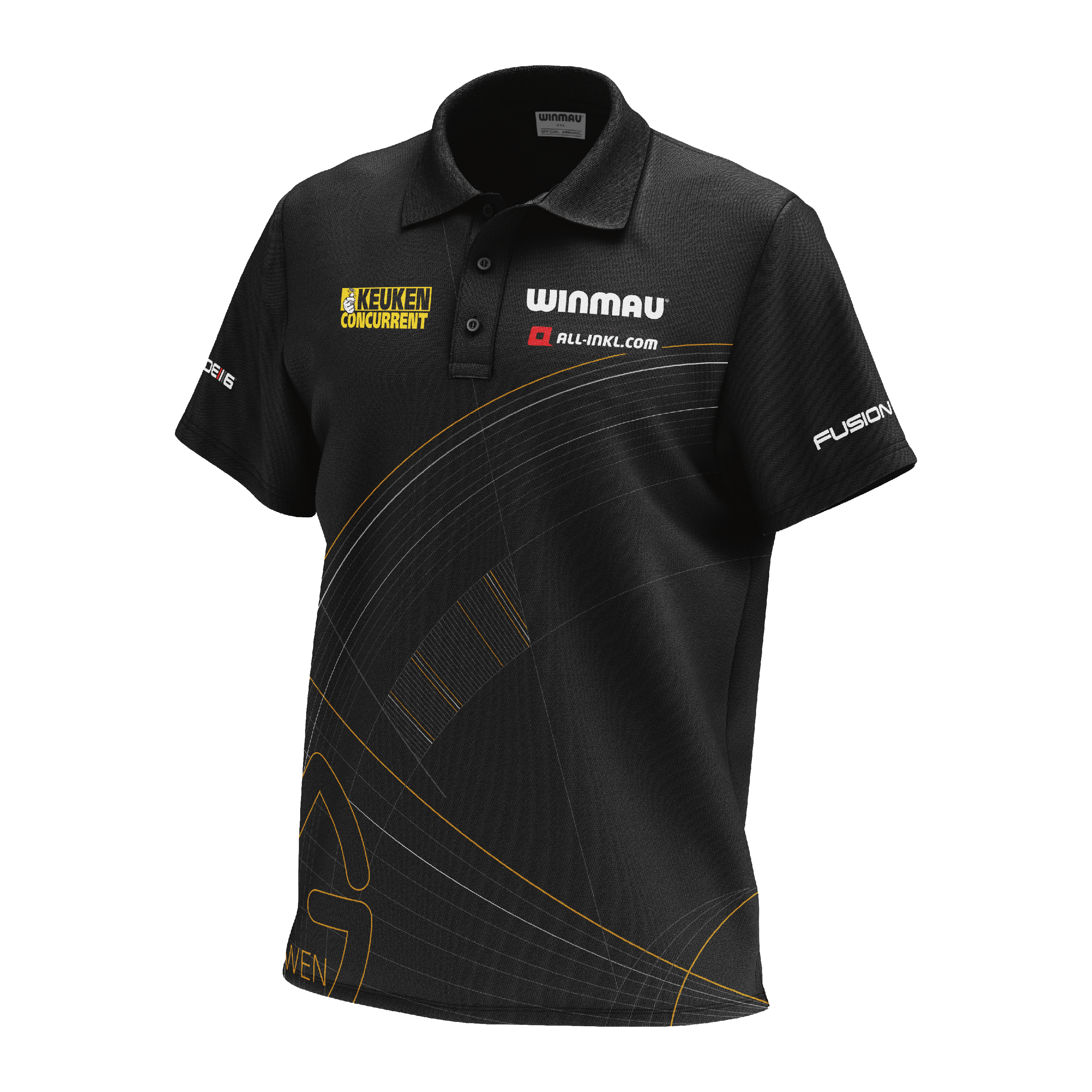 Polo Winmau in edizione limitata Tour Dart Das Bild zeigt das "Winmau Limited Edition Tour Polo Dartshirt" in Schwarz mit gelben und weißen Logos. Das Shirt hat kurze Ärmel, einen Kragen und ein modernes Linienmuster auf der Vorderseite.