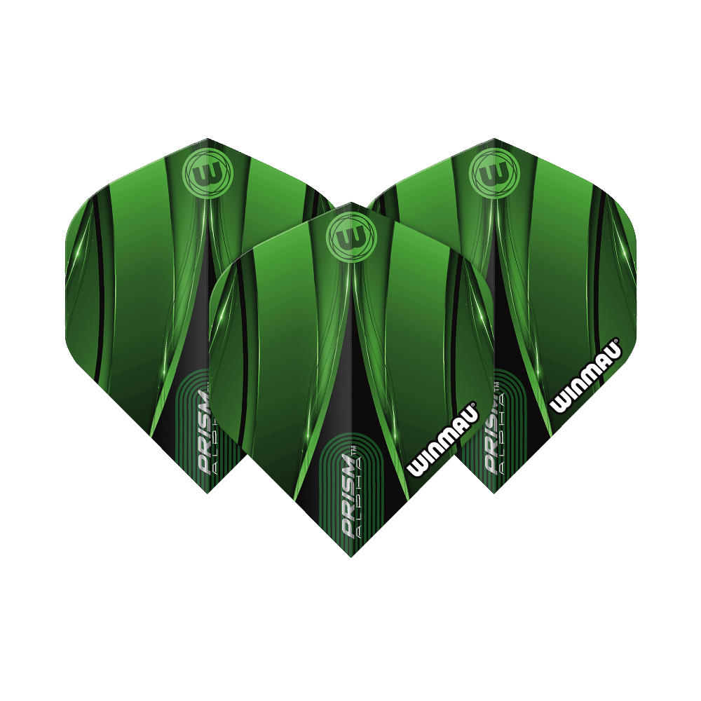 Voli standard Winmau Alpha Sniper Green Das Bild zeigt drei grüne Dart-Flights des Modells „Winmau Alpha Sniper Green Standard Flights“. Die Flights haben ein modernes, grünes Design mit schwarzen Akzenten und dem weißen Winmau-Logo.