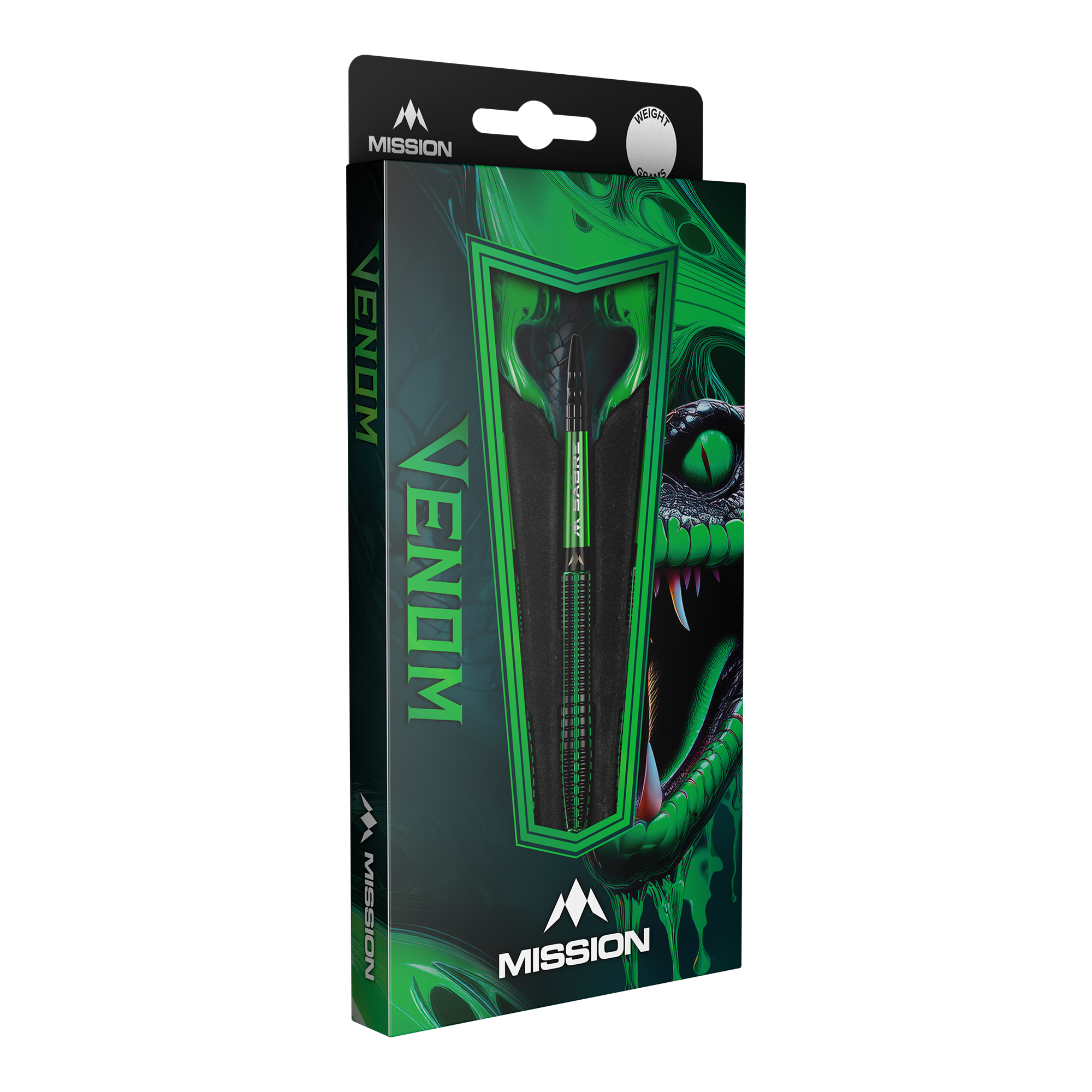 Freccette in acciaio Mission Venom Die Abbildung zeigt eine Packung der "Mission Venom Steeldarts". Die Verpackung ist hauptsächlich grün und schwarz gestaltet und zeigt ein auffälliges Schlangendesign.