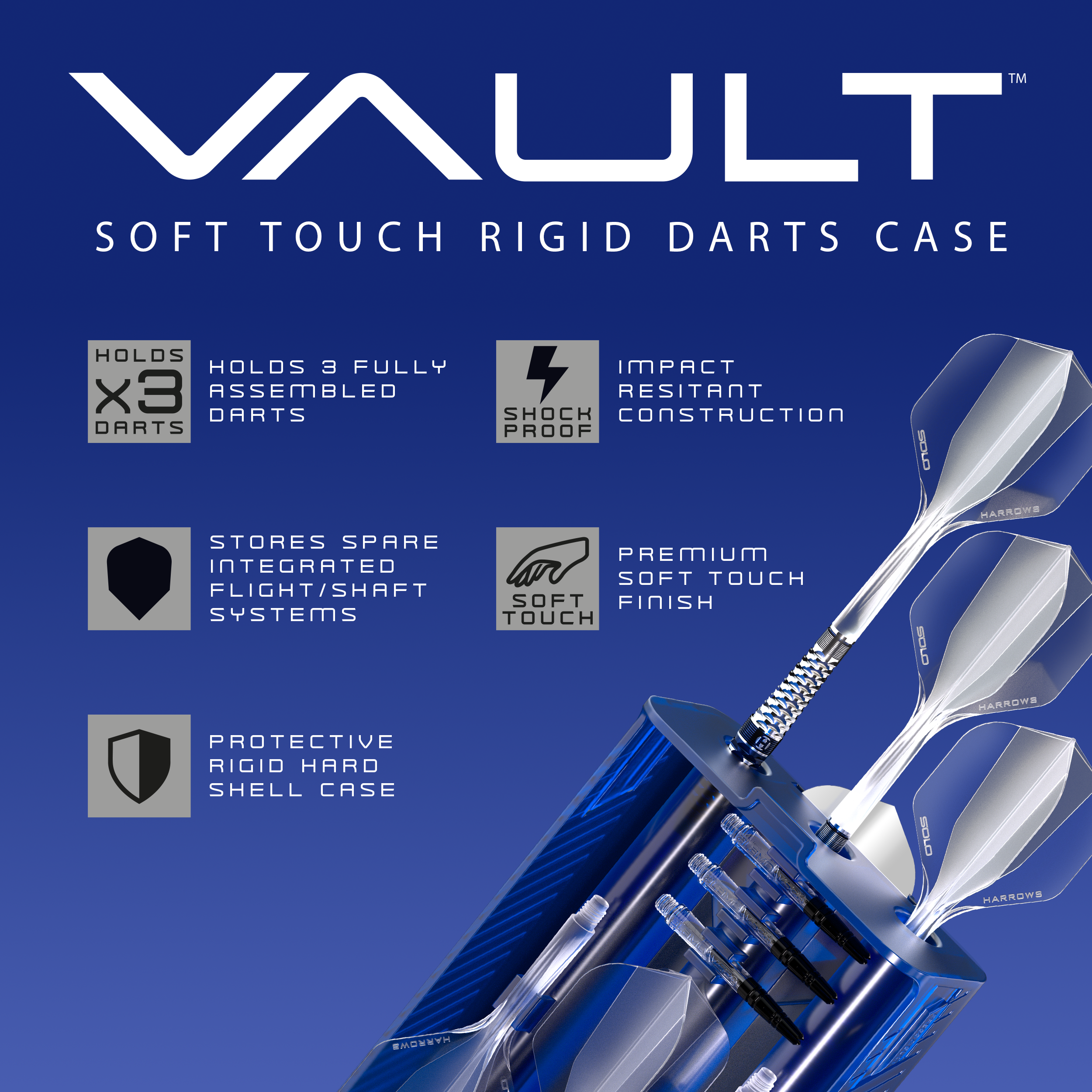 Harrows Vault Dartcase ist ein robustes Dart-Etui zur sicheren Aufbewahrung von Darts und Zubehör. Das Etui ist kompakt und schützt vor Beschädigungen.