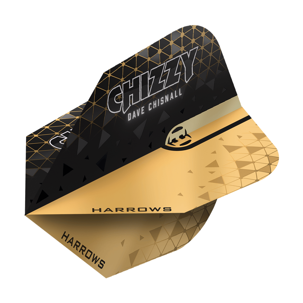 Harrows Prime Dave Chisnall Chizzy 2 n. 6 voli Das Bild zeigt ein Harrows Prime Dave Chisnall Chizzy 2 No6 Flight. Das Flight ist schwarz-gold gestaltet und trägt den Aufdruck "CHIZZY DAVE CHISNALL" sowie das Harrows-Logo.