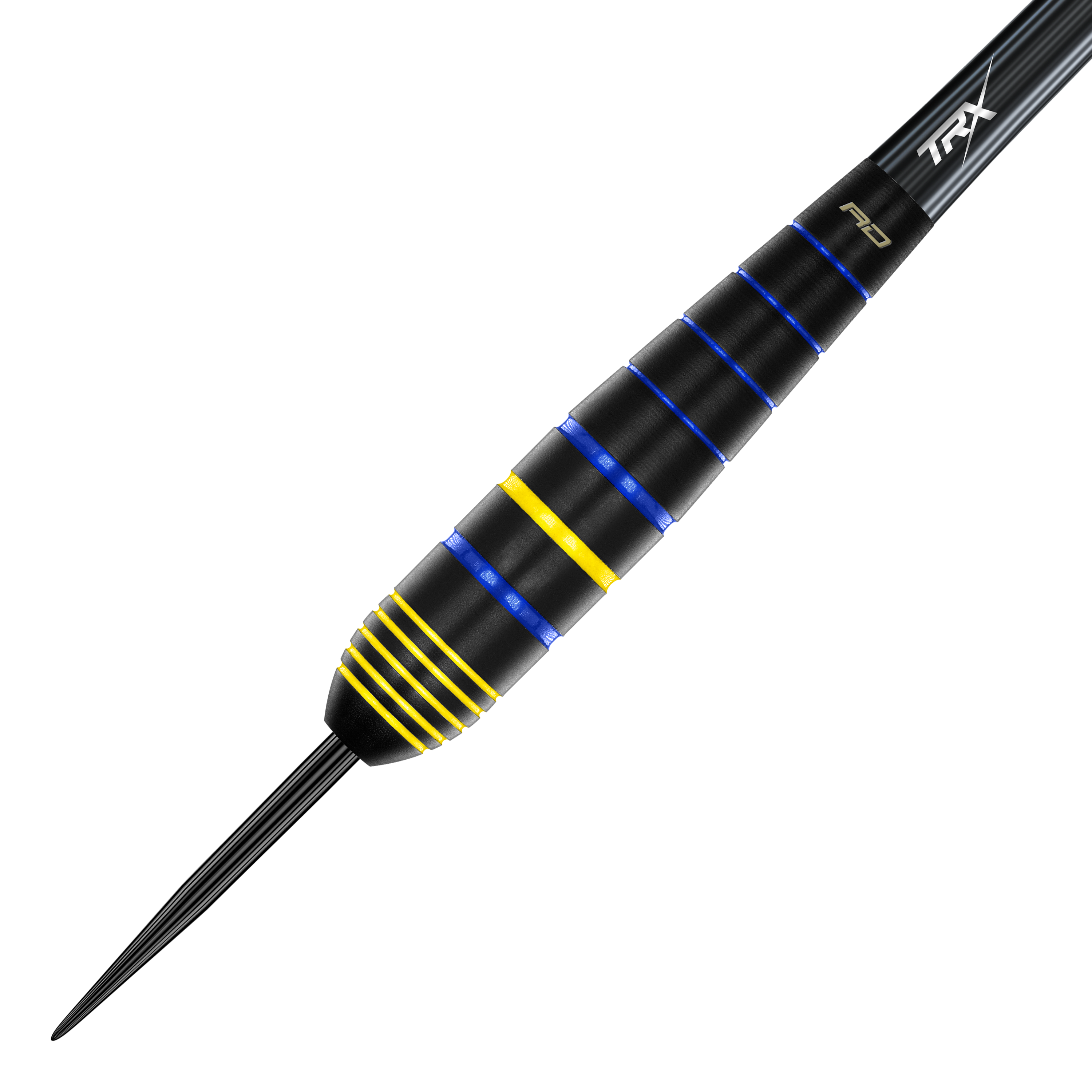 Red Dragon Luke Humphries, campione del mondo di freccette in ottone e acciaio Das Bild zeigt einen Red Dragon Luke Humphries World Champion Brass Steeldart. Der Dart ist schwarz mit blauen und gelben Ringen verziert.