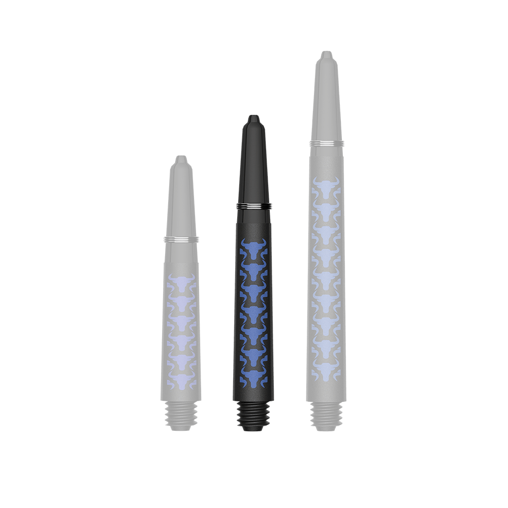 Das Foto zeigt BullsNL Capo Carbon Shafts Blau Short 34mm. Es handelt sich um einen einzelnen Dart-Schaft aus Carbon.