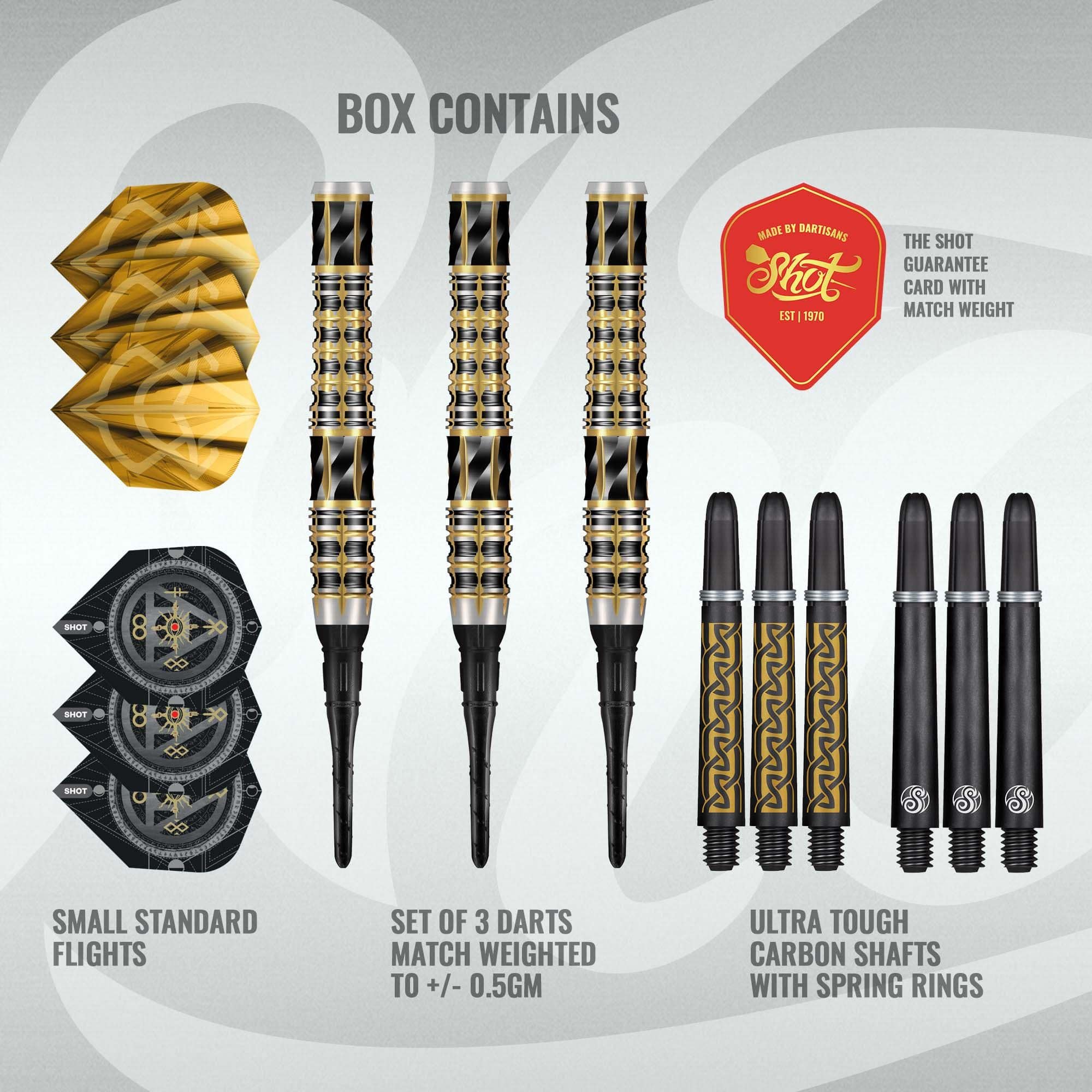 Freccette morbide Shot Alchemy Auro - 20 g Die Shot Alchemy Auro Softdarts - 20g werden präsentiert. Die Darts sind speziell für Softdart geeignet.
