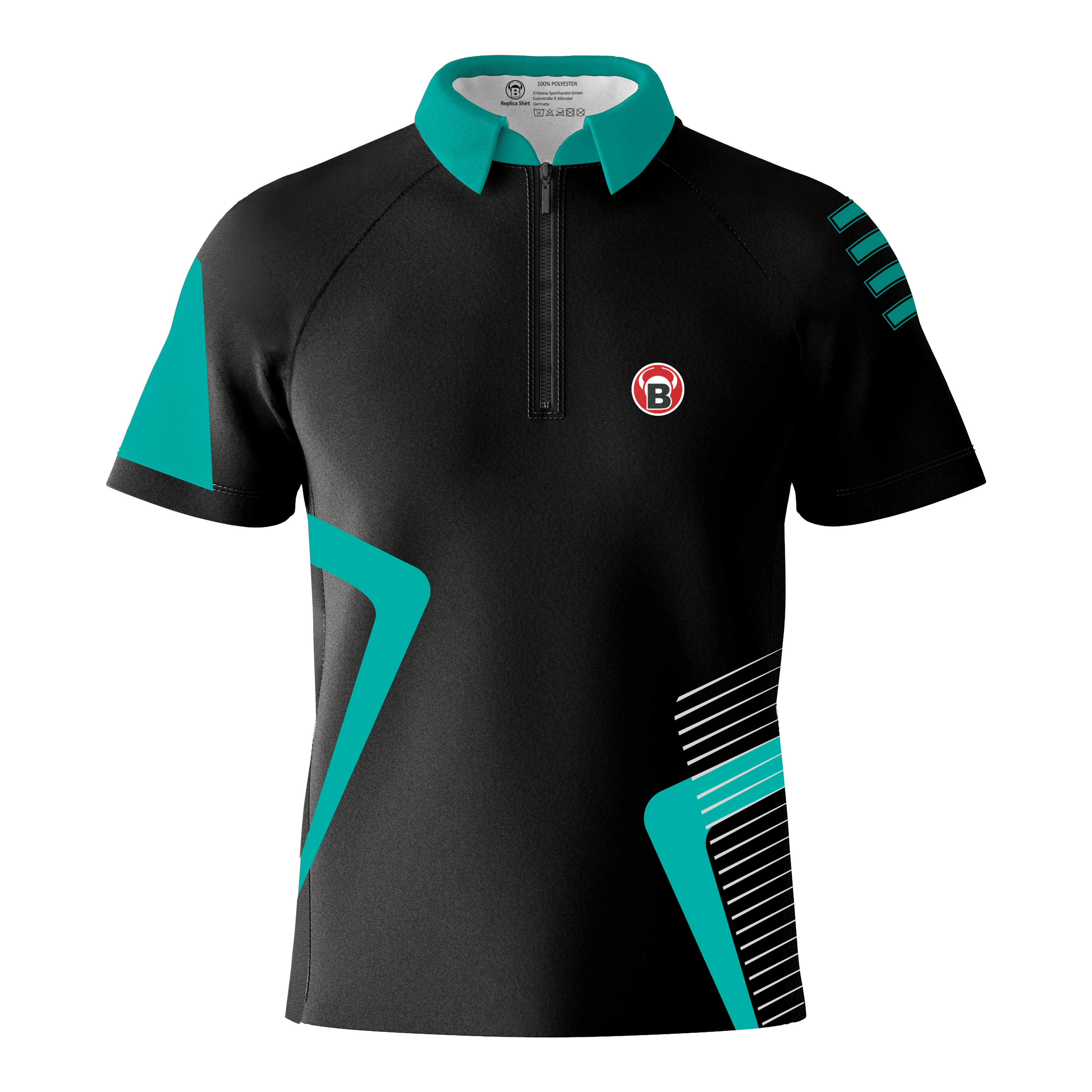 Maglietta Bulls Team Dart - Menta Das Bild zeigt das Bulls Team Dartshirt in der Farbe Mint. Das Shirt ist überwiegend schwarz mit mintfarbenen Akzenten und einem kleinen B-Logo auf der Brust.