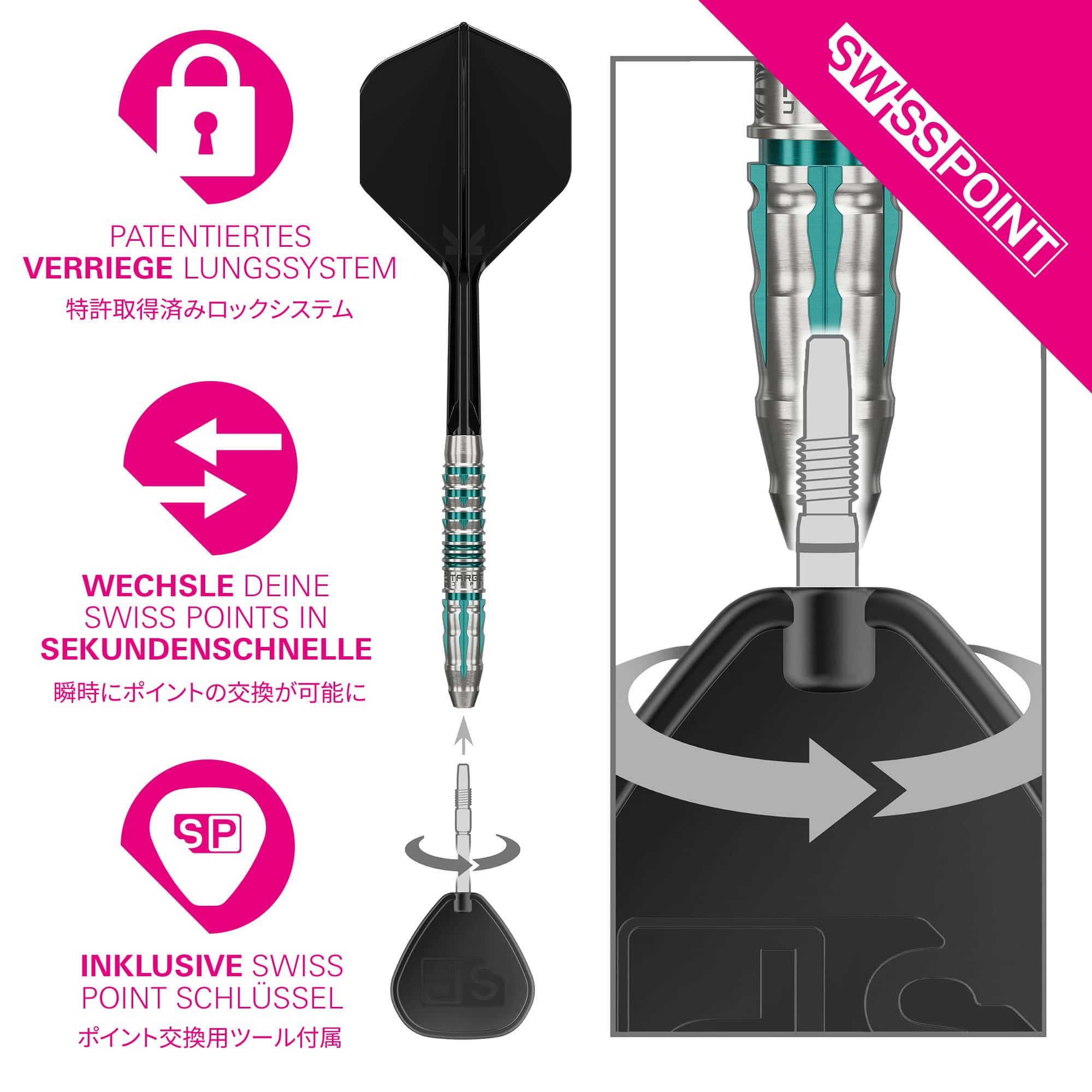 Freccette in acciaio Target Japan Black Marque Pierce Swiss Point Das Bild zeigt das Produkt Target Japan Black Marque Pierce Swiss Point Steeldarts. Die Steeldarts sind speziell für Präzision und Design bekannt.