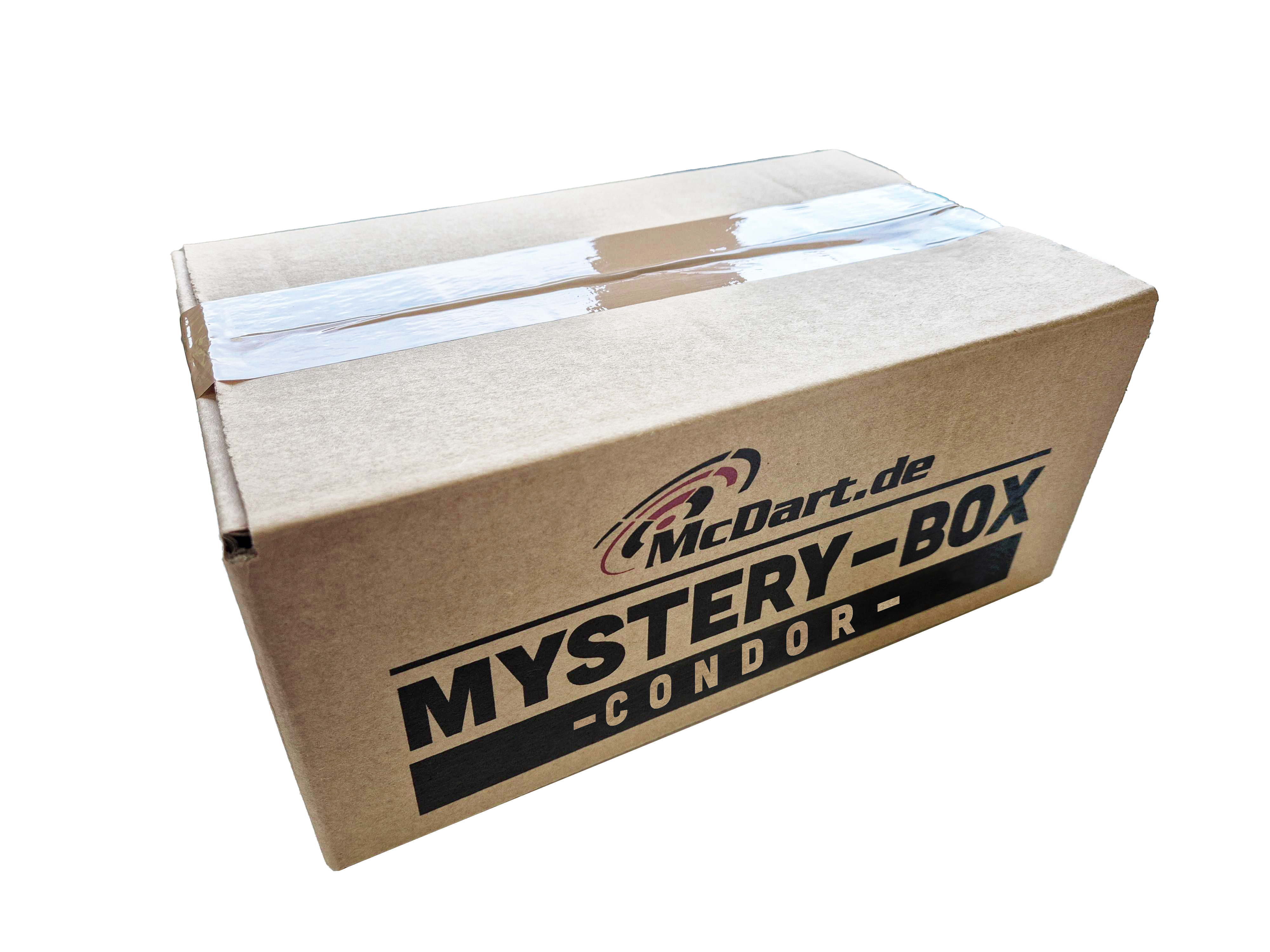 Scatola misteriosa McDart Condor Auf dem Bild ist ein brauner Karton mit der Aufschrift "McDart.de Mystery-Box Condor" zu sehen. Der Karton ist mit Klebeband versiegelt.