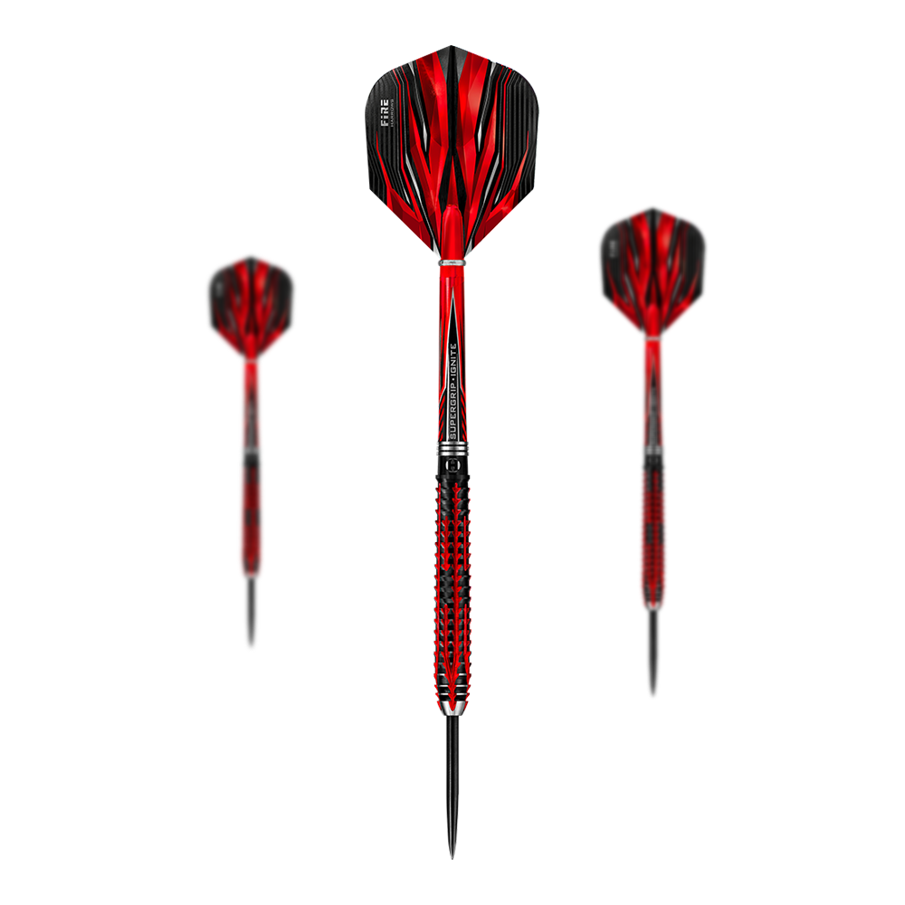 Freccette in acciaio Harrows Fire Inferno Das Bild zeigt drei Harrows Fire Inferno Steeldarts mit auffälligem rot-schwarzem Design. Die Spitzen sind aus Metall und die Flights haben ein flammenartiges Muster.