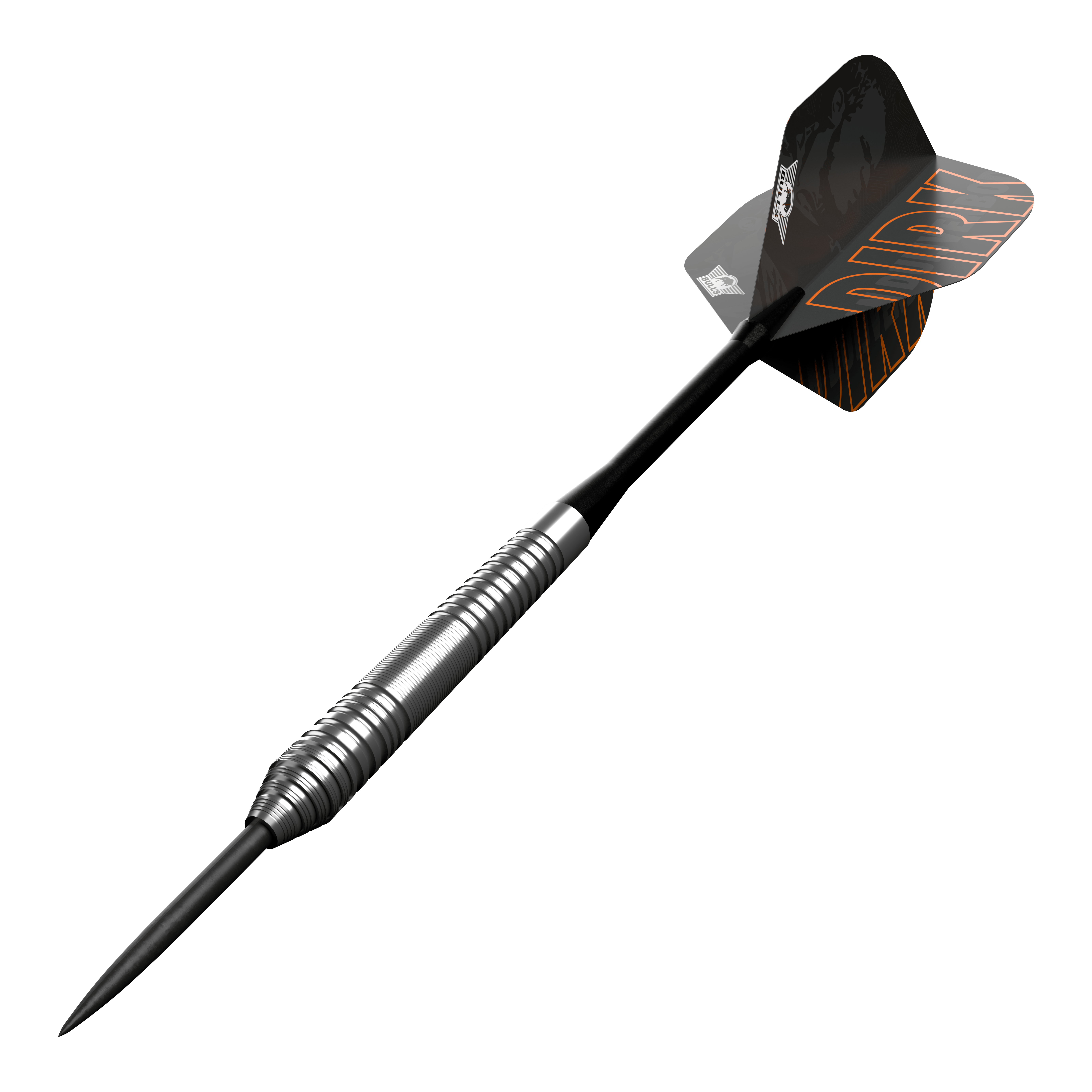 Bulls NL Dirk Van Duijvenbode 80 freccette in acciaio Dies ist ein Steeldart aus der Serie "Bulls NL Dirk Van Duijvenbode 80". Der Dart hat ein silbernes, geriffeltes Barrel und schwarze Flights mit orangefarbener Aufschrift.