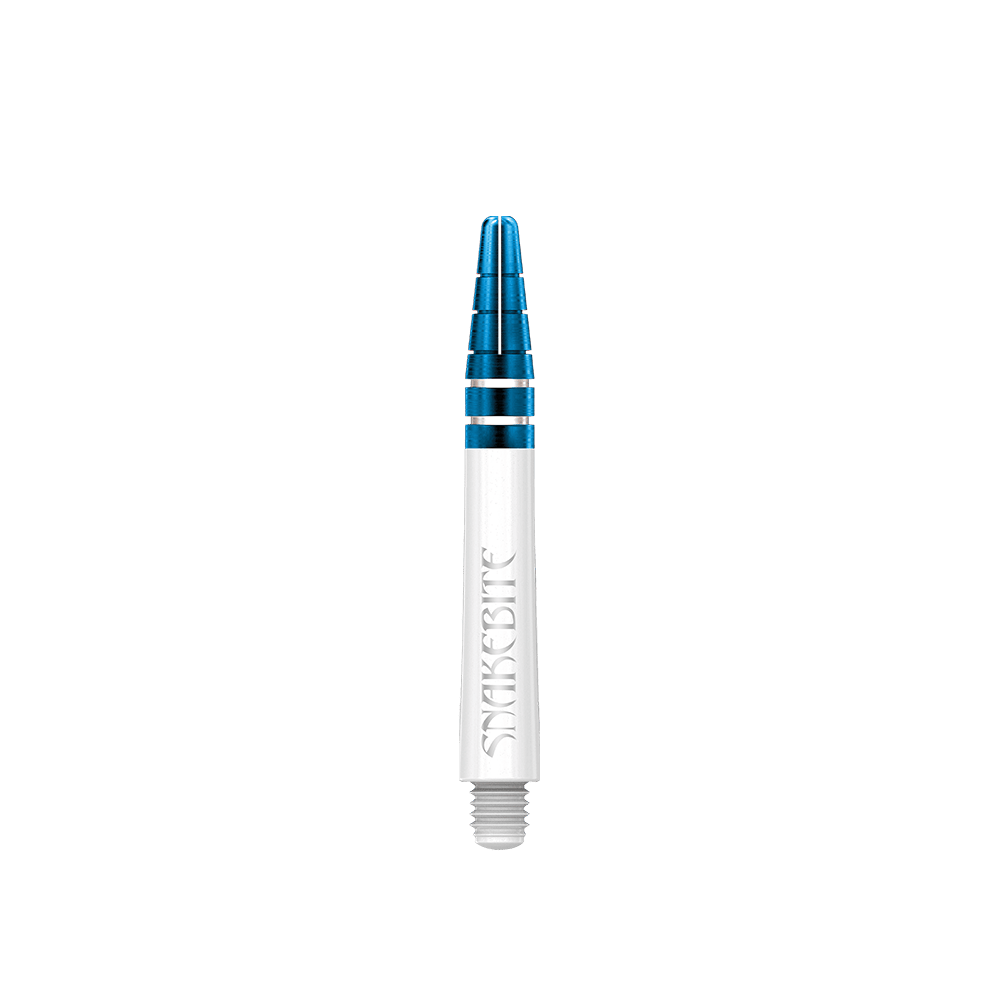 C802_Red_Dragon_Nitrotech_Peter_Wright_White_Blue_Shafts_39mm_183JVWw6h3JgDB Das Bild zeigt einen Red Dragon Nitrotech Peter Wright Blue Shaft mit einer Länge von 39 mm. Der Shaft ist in den Farben Blau und Silber gehalten und trägt die Aufschrift "Snakebite".