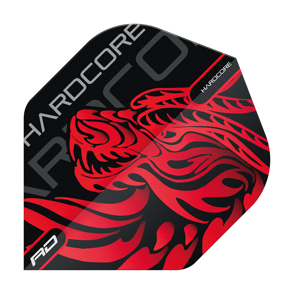 TF6537_Red_Dragon_Hardcore_Jonny_Clayton_Dragon_Standard_Flights_1TVLrIWaEd2U23 Das Bild zeigt ein Dartflight mit einem rot-schwarzen Drachen-Design. Auf dem Flight steht das Wort "HARDCORE" in großen Buchstaben.