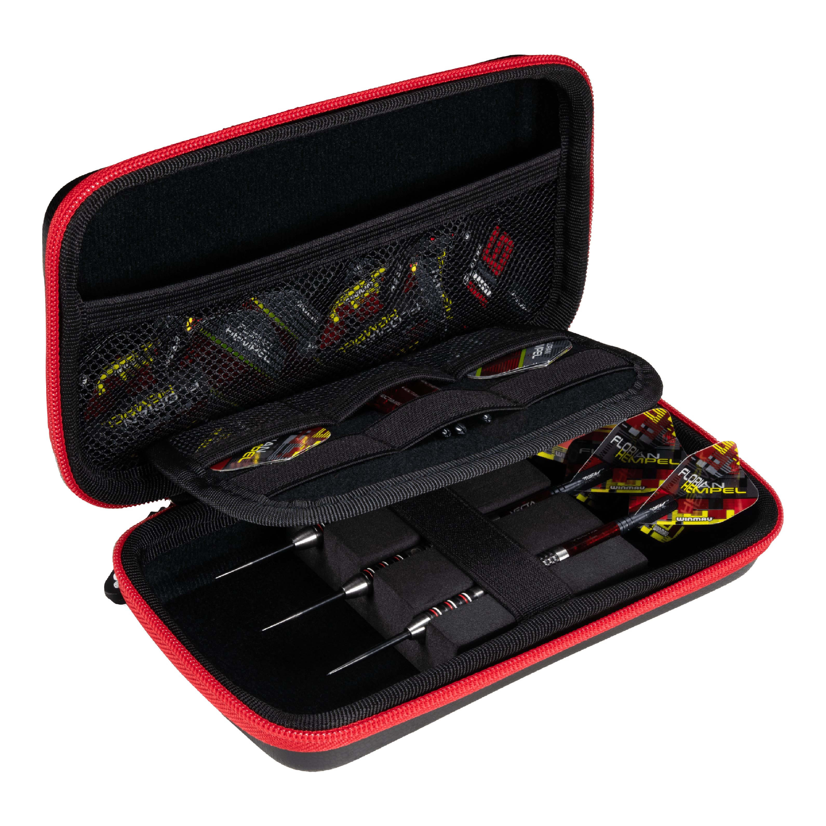 Custodia per freccette Winmau Florian Hempel Tour Edition Das Bild zeigt das Winmau Florian Hempel Tour Edition Dartcase, das geöffnet und mit Darts sowie Zubehör bestückt ist. Die Darttasche hat einen schwarzen Innenraum mit Netzfächern und wird von einem roten Reißverschluss umrandet.