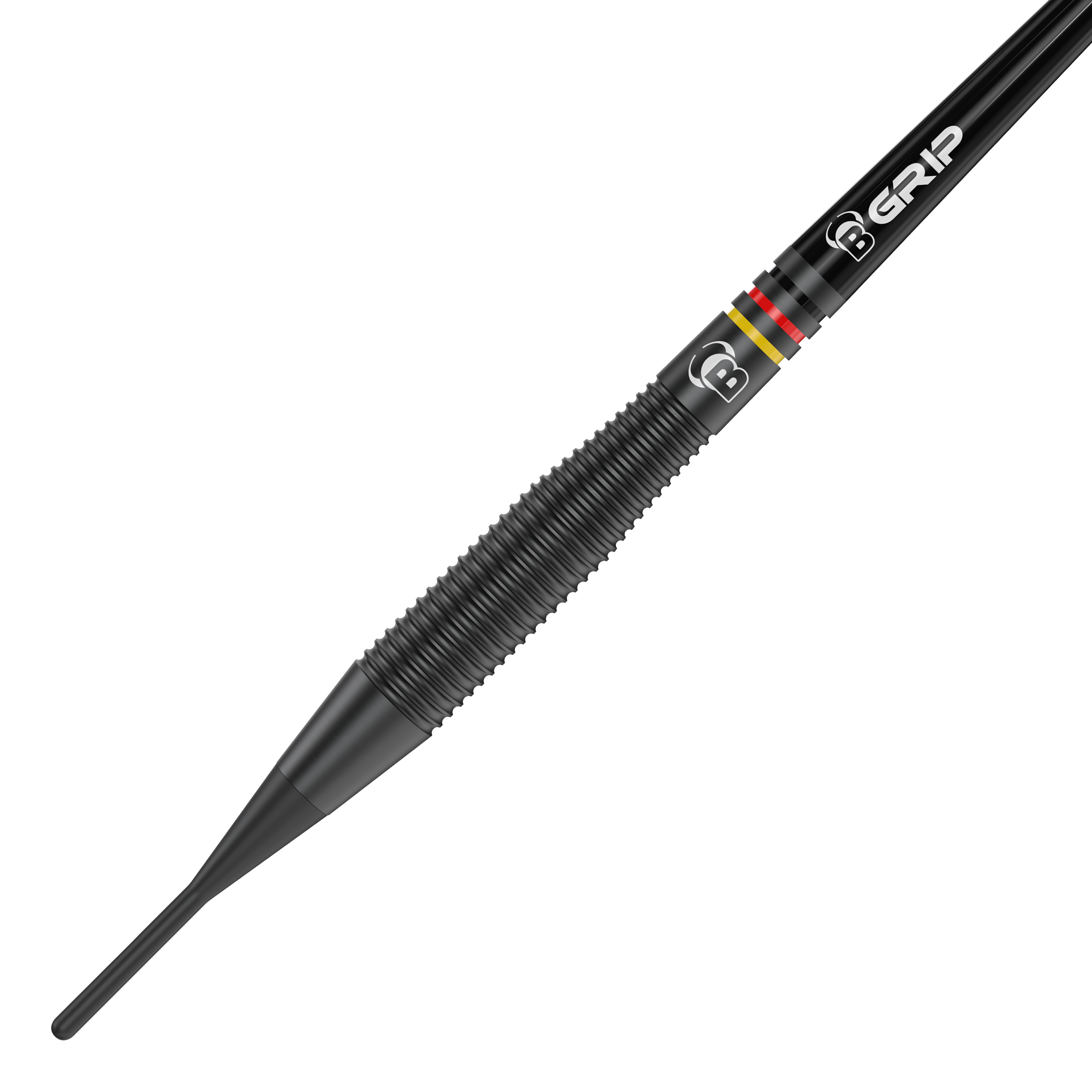 Bulls Martin Schindler The Wall freccette morbide in ottone nero - 18 g Das Bild zeigt einen schwarzen Softdart mit auffälligen Rillen für besseren Halt. Auf dem Dart sind außerdem farbige Ringe und die Aufschrift "B GRIP" zu sehen.