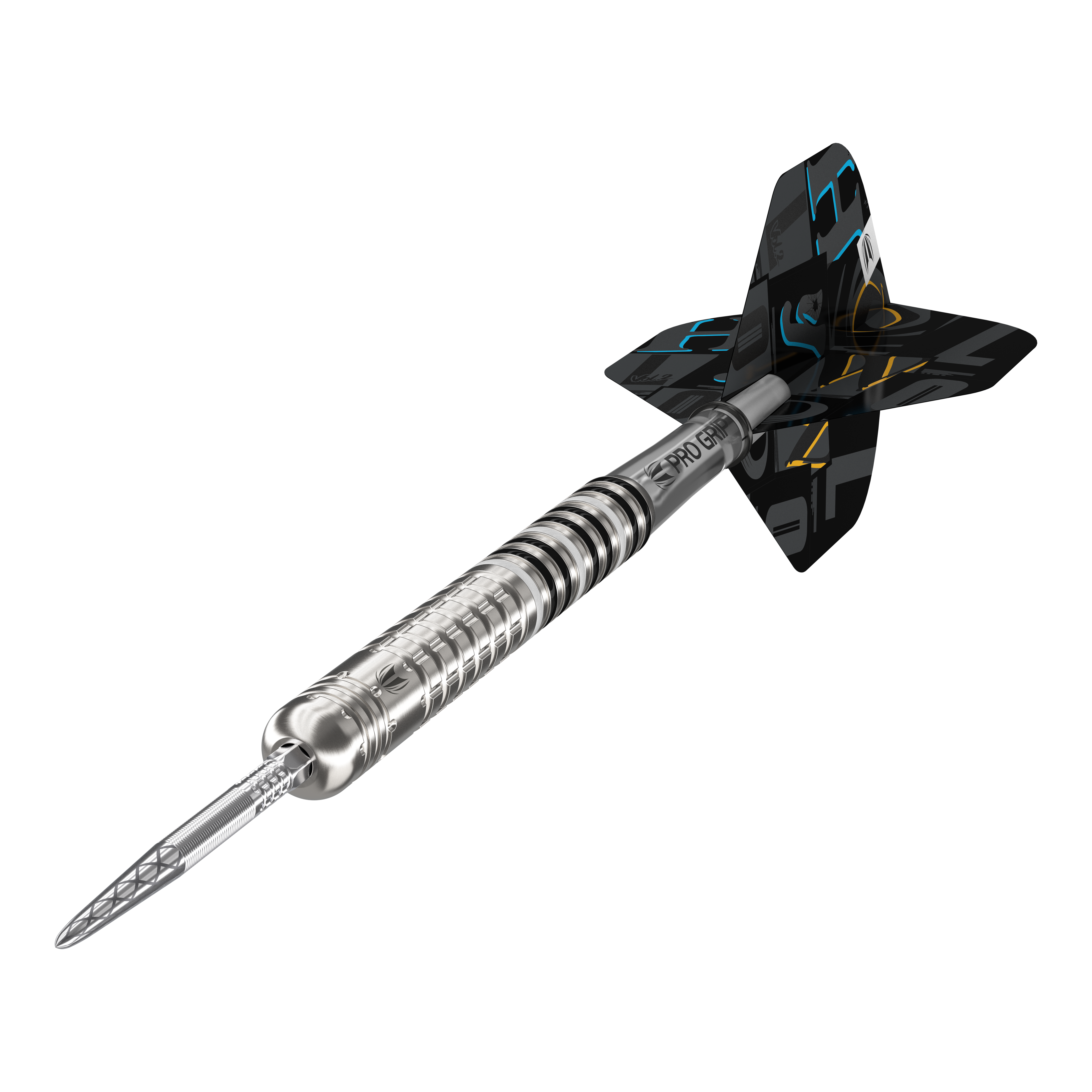 Freccette in acciaio Chris Dobey GEN1 Swiss Point Das Bild zeigt den Target Chris Dobey GEN1 Swiss Point Steeldart. Der Dartpfeil hat ein silbernes, geriffeltes Barrel und schwarze Flights mit bunten Akzenten.
