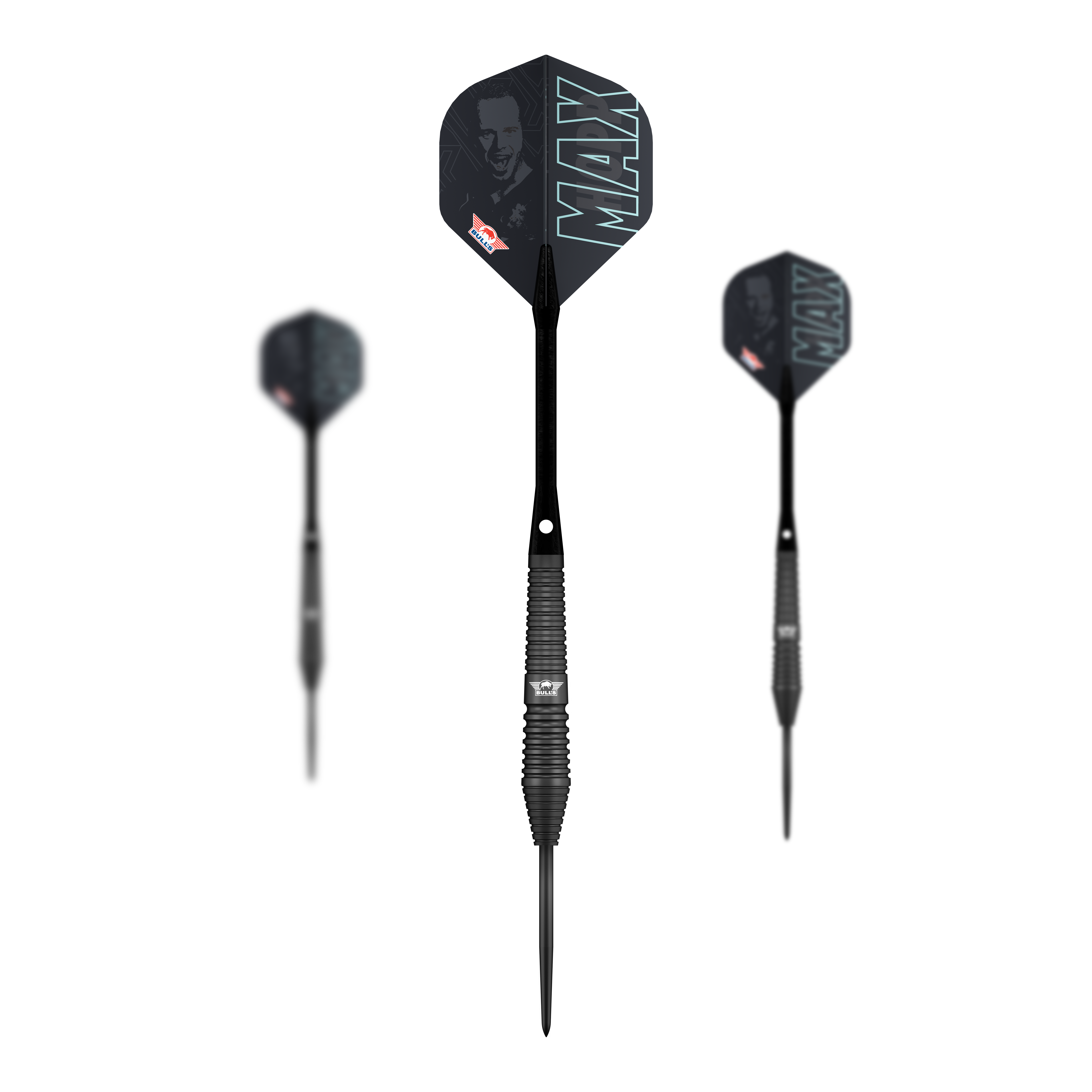 Bulls NL Max Hopp freccette in acciaio nero Das Bild zeigt die Bulls NL Max Hopp Black Steeldarts. Es handelt sich um ein Set von hochwertigen Steeldarts für Präzisionsspiel.