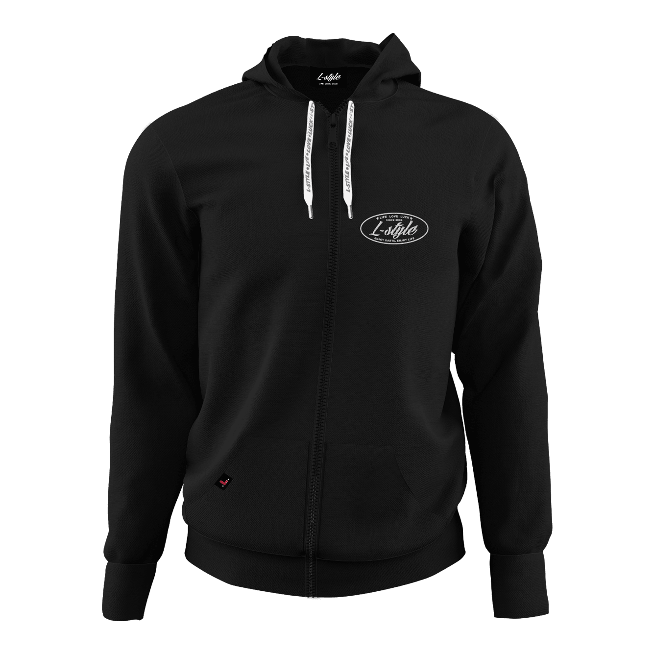 Felpa con cappuccio L-Style - Nero Das Bild zeigt einen schwarzen Hoodie mit Reißverschluss und Kapuze. Auf der Brust befindet sich ein weißes "L-Style"-Logo.