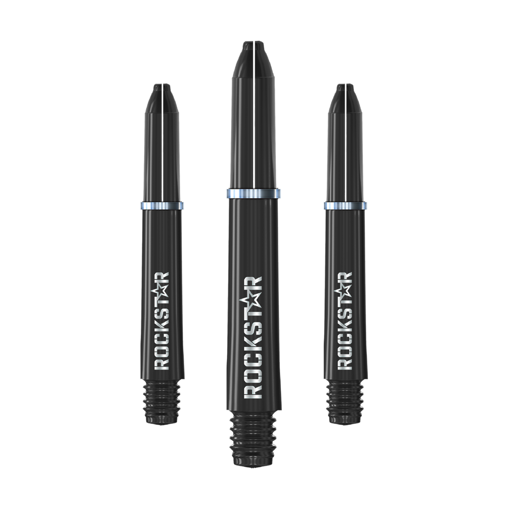 Winmau Joe Cullen Rockstar Nylon Alberi Neri Das Bild zeigt drei schwarze Dartschäfte mit der Aufschrift "ROCKSTAR". Sie sind jeweils mit einem silbernen Metallring versehen.