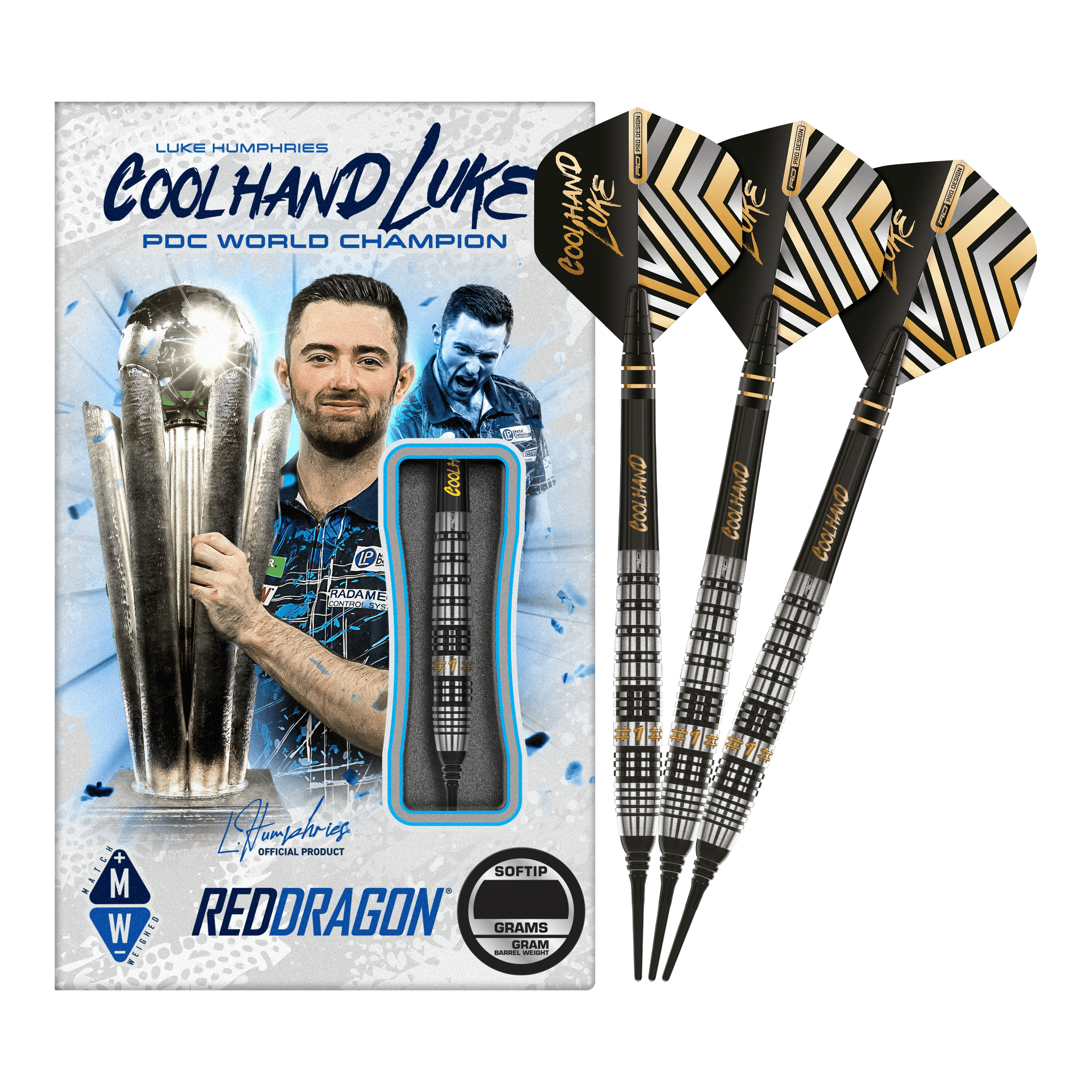 Freccette morbide Red Dragon Luke Humphries Prestige - 20 g Auf dem Bild sind die Red Dragon Luke Humphries Prestige Softdarts mit 20g Gewicht zu sehen. Die Verpackung zeigt ein Bild von Luke Humphries und die Darts sind schwarz mit silbernen und goldenen Details.