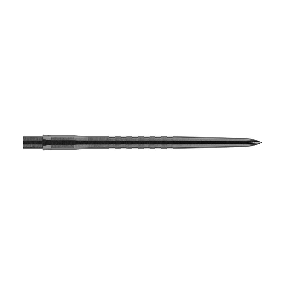 Punte per freccette Mission Caliburn EVO - Scanalate - Nere Das Bild zeigt eine schwarze, gerillte Steeldartspitze. Sie ist lang und schmal mit einer scharfen Spitze.