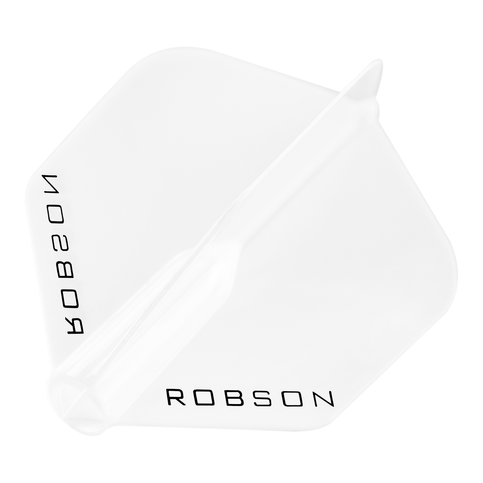 Voli Robson Plus - Standard Das Bild zeigt einen klaren Dart-Flügel mit der Aufschrift "ROBSON". Der Flügel hat eine standardmäßige, sechseckige Form.