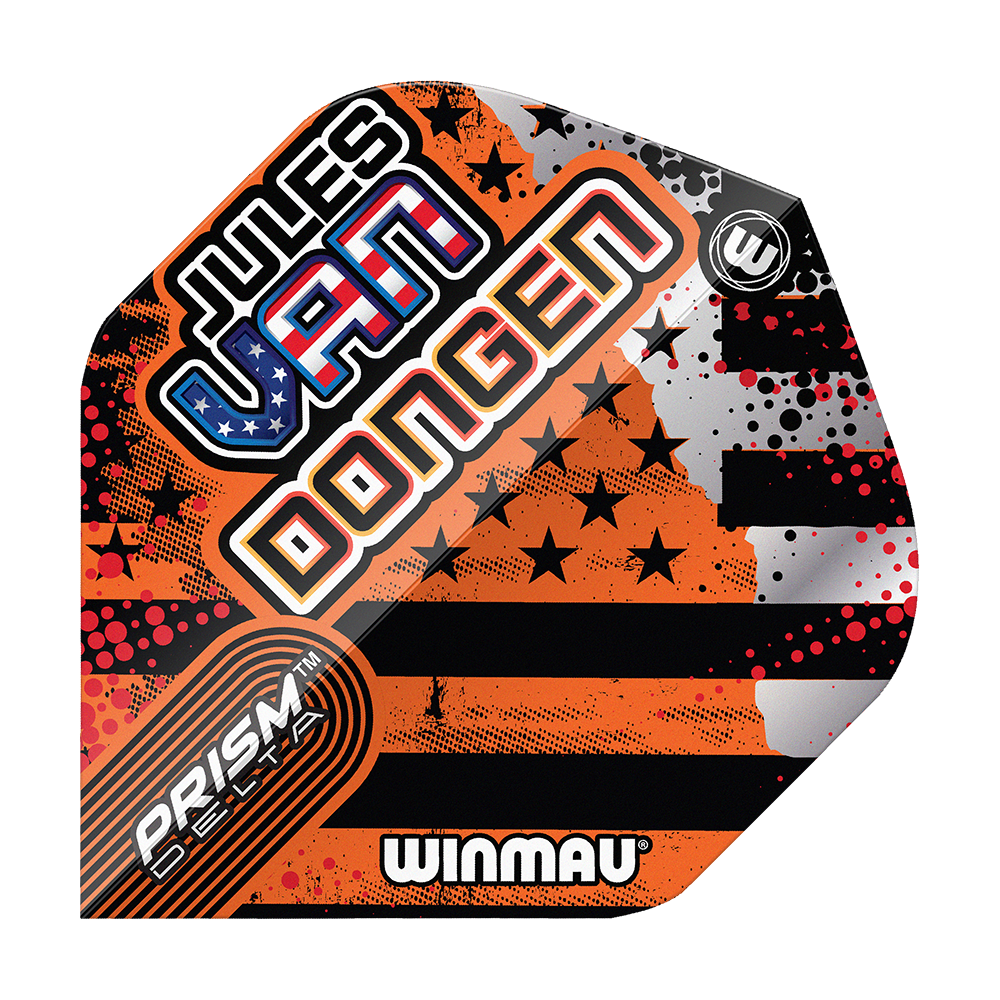 Voli standard Winmau Prism Delta Jules Van Dongen Das Bild zeigt ein Winmau Prism Delta Dart-Flight mit dem Namen "Jules Van Dongen". Das Flight-Design enthält auffällige Farben, Sterne und Streifen sowie den Schriftzug "Winmau".