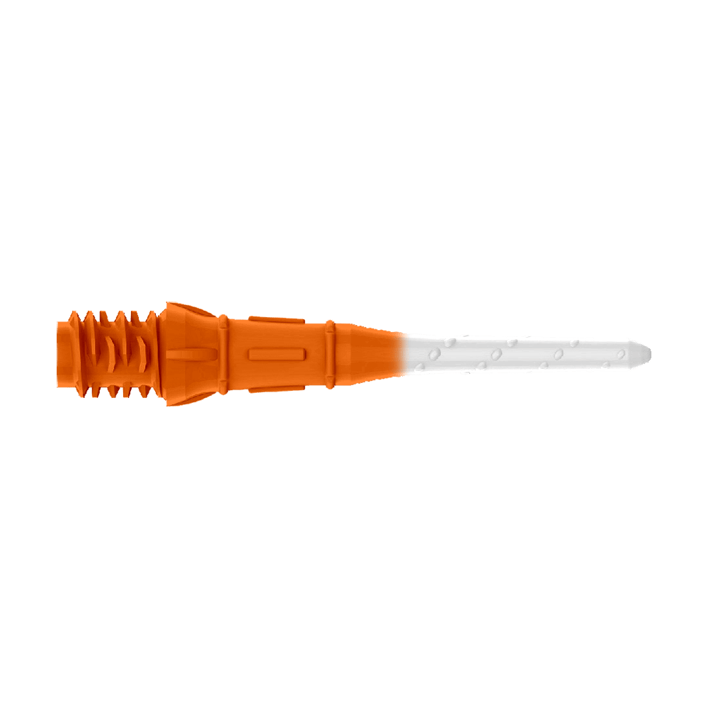 Das Bild zeigt eine zweifarbige Kunststoffspitze, die auf einer Seite orange und auf der anderen weiß ist. Es handelt sich um eine Ersatzspitze für ein elektronisches Dart.