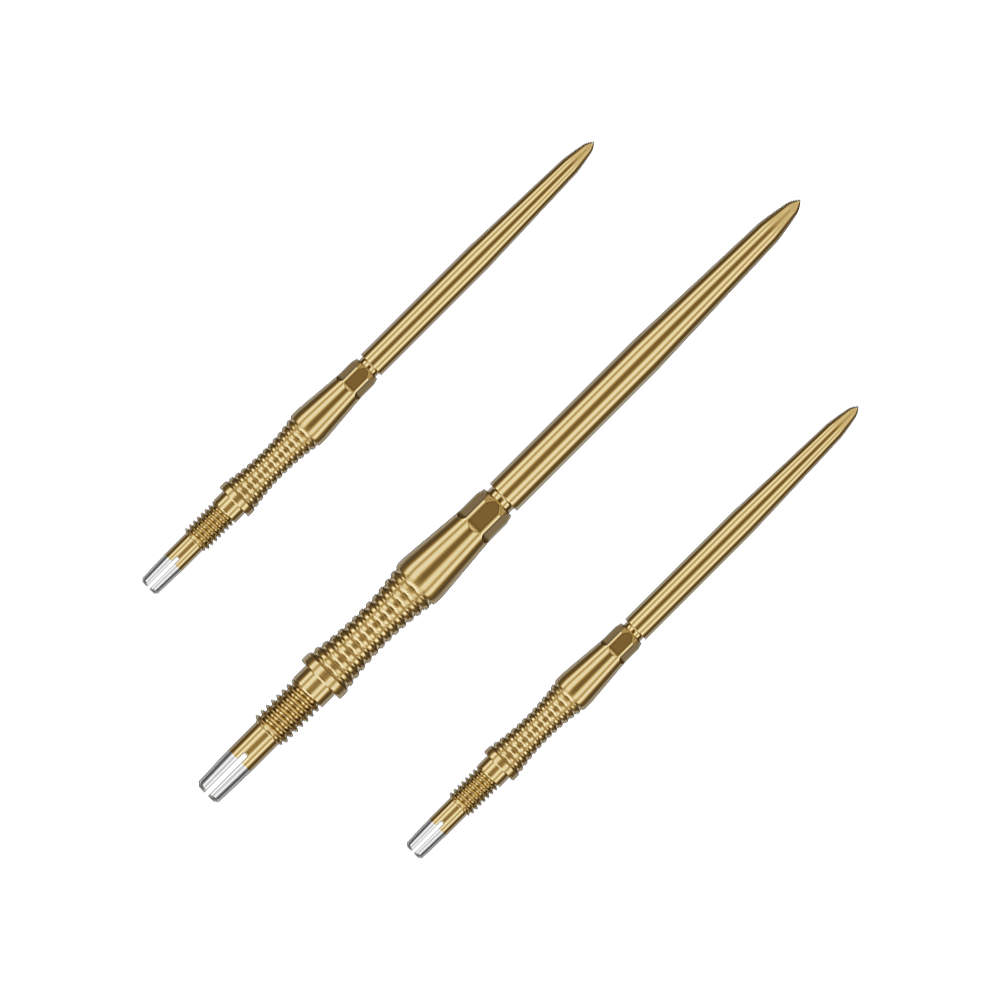 Punte per freccette Target Swiss Point Signature RST - Oro Das Bild zeigt ein Set von Target Swiss Point Dartspitzen Signature RST in Gold, 42mm. Das Set enthält mehrere identische Dartspitzen mit strukturierter Oberfläche.