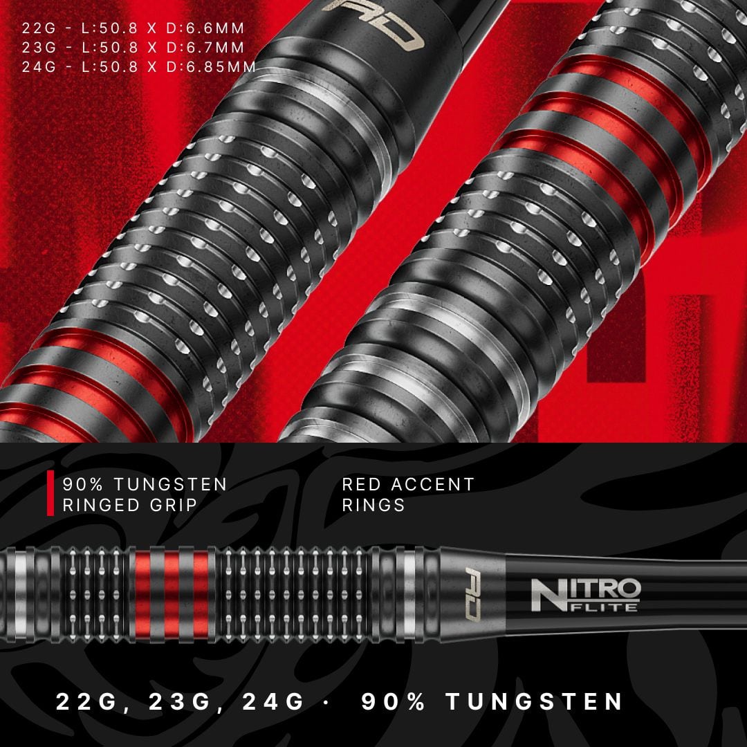 Freccette in acciaio Switch Point Red Dragon Jonny Clayton RD-PRO Hier sieht man die Red Dragon Jonny Clayton RD-PRO Switch Point Steeldarts. Die Pfeile sind aus Metall und mit schwarzen Elementen versehen.