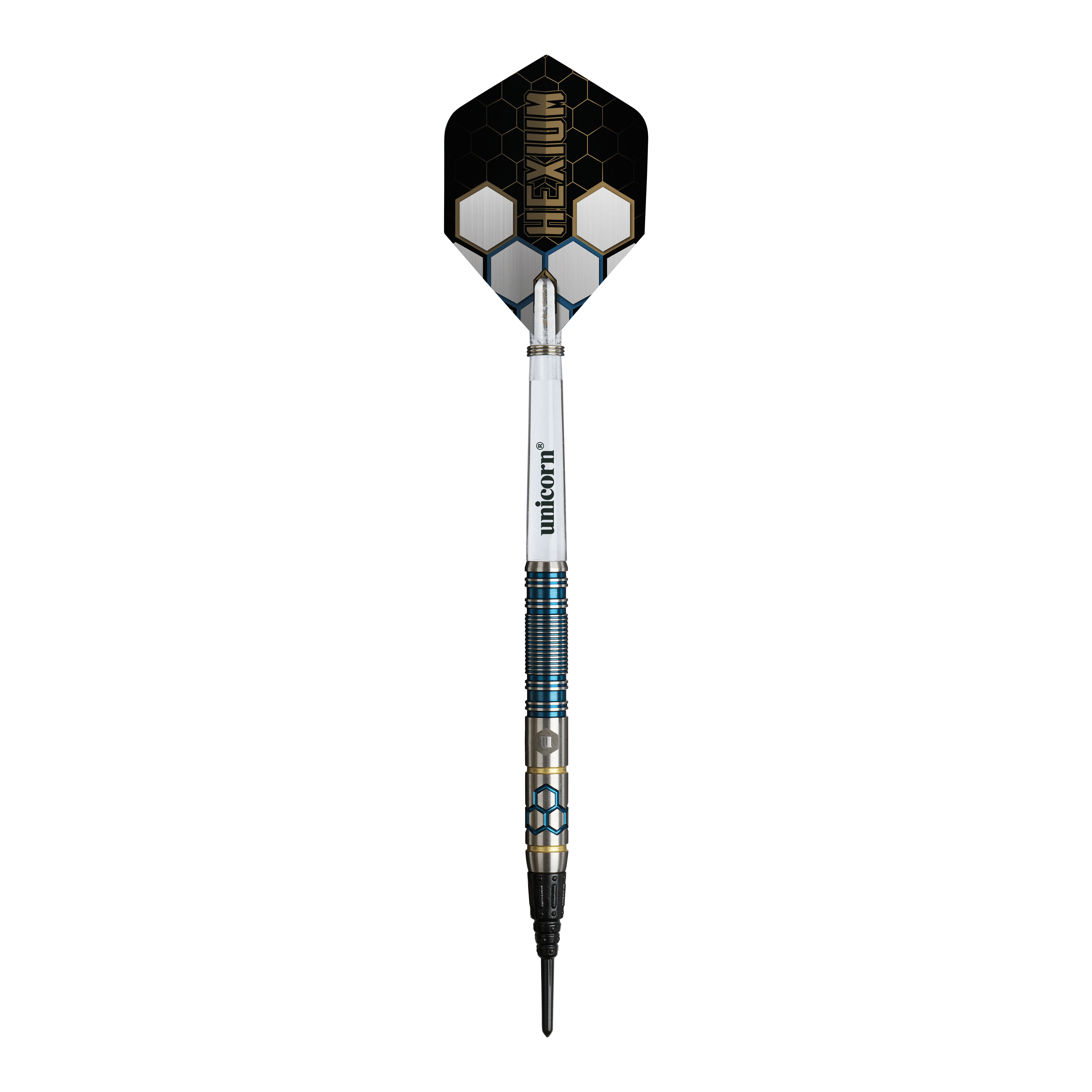 Freccette morbide Unicorn Hexium Style 02 Blu e Oro - 21 g Hier sieht man die Unicorn Hexium Style 02 Blue & Gold Softdarts - 21g. Die Darts sind in Blau und Gold gehalten.