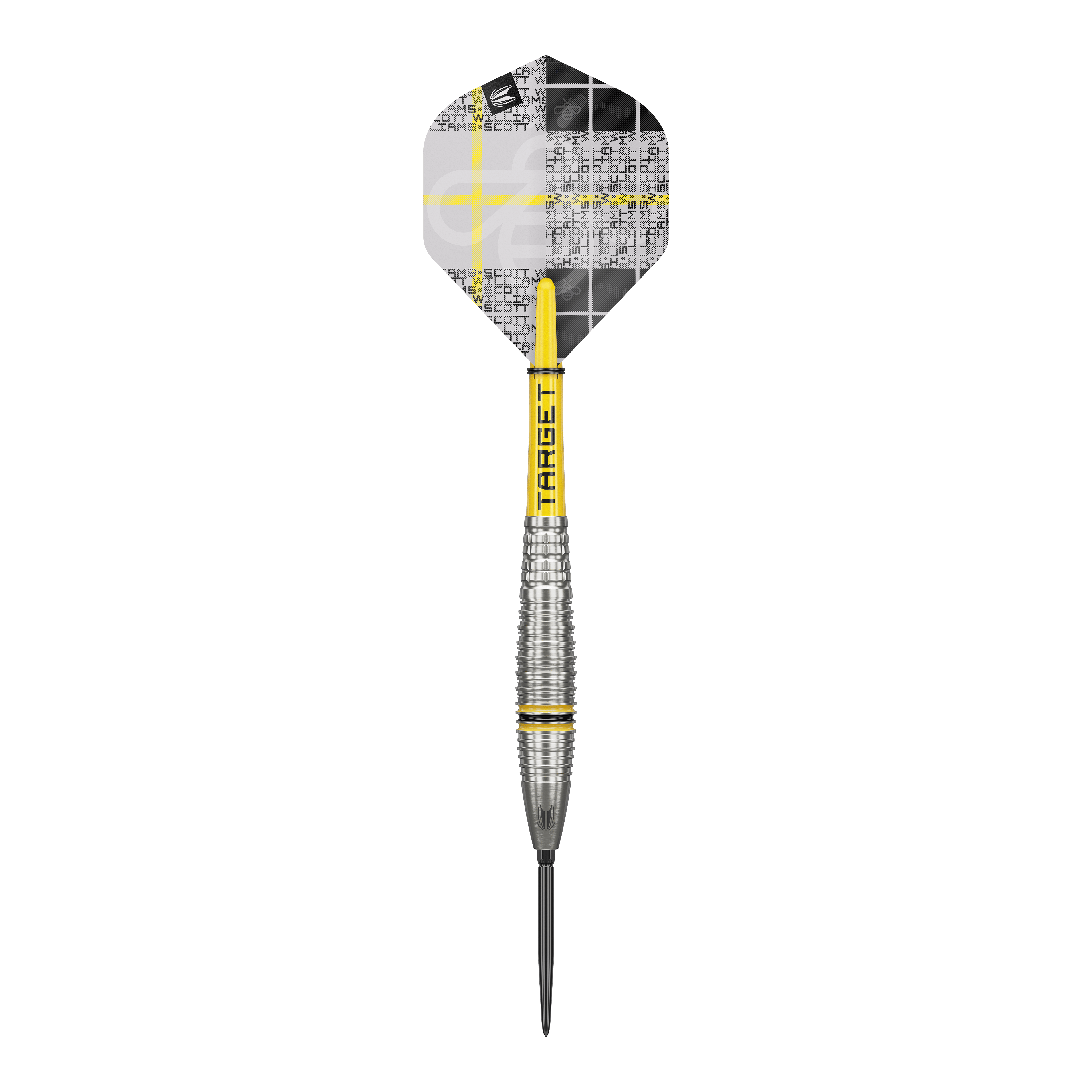 Freccette in acciaio Target Scott Williams GEN2 Swiss Point Dieses Bild zeigt einen Target Scott Williams GEN2 Swiss Point Steeldart. Der Dartpfeil hat ein silbernes Griffstück mit gelben Akzenten und ein individuell gestaltetes Flight-Design.