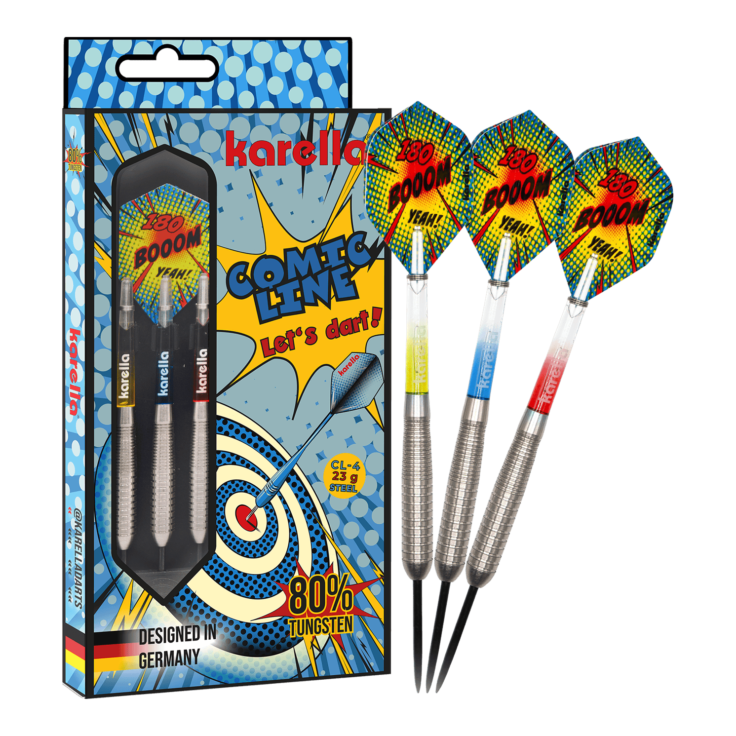 Freccette in acciaio Karella Comic Line CL-4 - 23 g Das Bild präsentiert die Karella Comic Line CL-4 Steeldarts mit einem Gewicht von 23g. Diese Darts sind robust und für ambitionierte Spieler konzipiert.