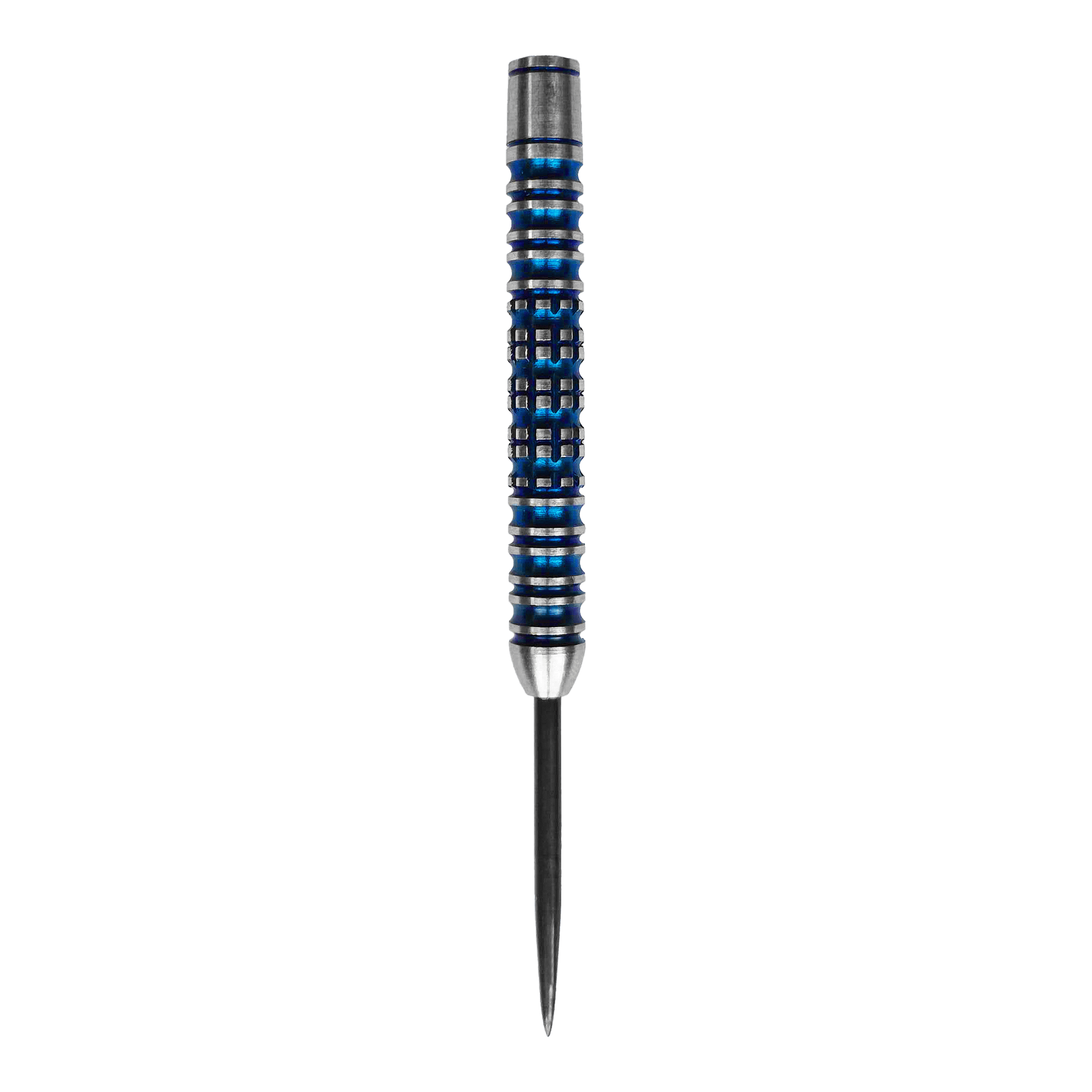 Barili di freccette in acciaio McDart Ocean - 23 g Das Bild zeigt ein McDart Ocean Steeldart Barrel mit einem Gewicht von 23g. Der Barrel hat ein silber-blaues Design mit Rillen und einem spitzen Ende.