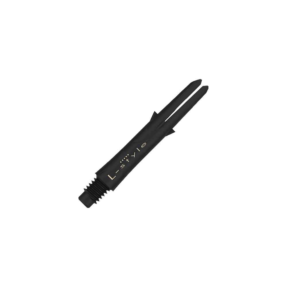 Alberi in carbonio stile L Das Bild zeigt einen schwarzen Carbon-Dartshaft ohne Kappen mit der Aufschrift "L-style". Der Schaft ist 32 mm lang und hat ein Schraubgewinde am Ende.