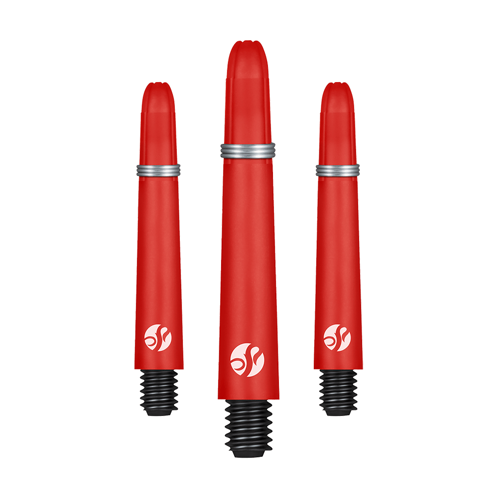 Auf dem Bild sind drei rote Dartschäfte in unterschiedlichen Längen zu sehen. Sie haben silberne Ringe und ein weißes Logo am unteren Ende.