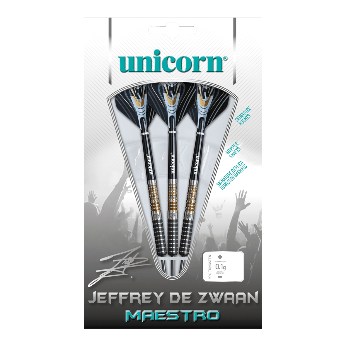 Freccette in acciaio Unicorn Maestro Jeffrey De Zwaan Fase 3 Das Bild zeigt eine Verpackung mit drei Steeldarts der Marke Unicorn, Modell „Jeffrey De Zwaan Maestro“. Die Darts sind in einer transparenten Blisterverpackung sichtbar und auf der Verpackung steht der Name des Produkts.