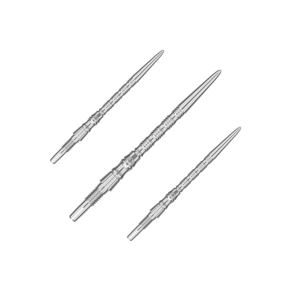 Punte per freccette Target Signature Swiss Point TRB in acciaio - argento Silberne Dartspitzen mit einer Länge von 35 mm sind abgebildet. Das Bild zeigt ein Set der Target SwissPoint Signature TRB Dartspitzen.
