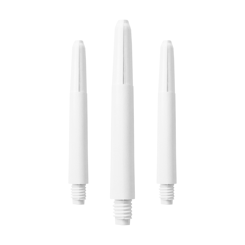 582_Nylon_Shafts_Schneeweiss_40mm_1PYryDcYm5zrql Das Bild zeigt drei schneeweiße Nylon-Schäfte. Sie sind zylinderförmig und haben an einem Ende ein Schraubgewinde.